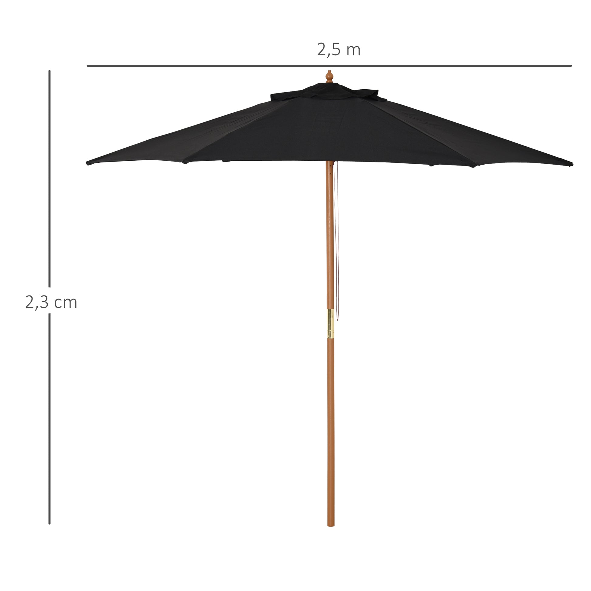 Outsunny Sombrilla de Jardín Ø250x230 cm Parasol de Terraza con 6 Varillas Poste Desmontable Anti-UV Impermeable y Marco de Madera para Playa Patio Negro