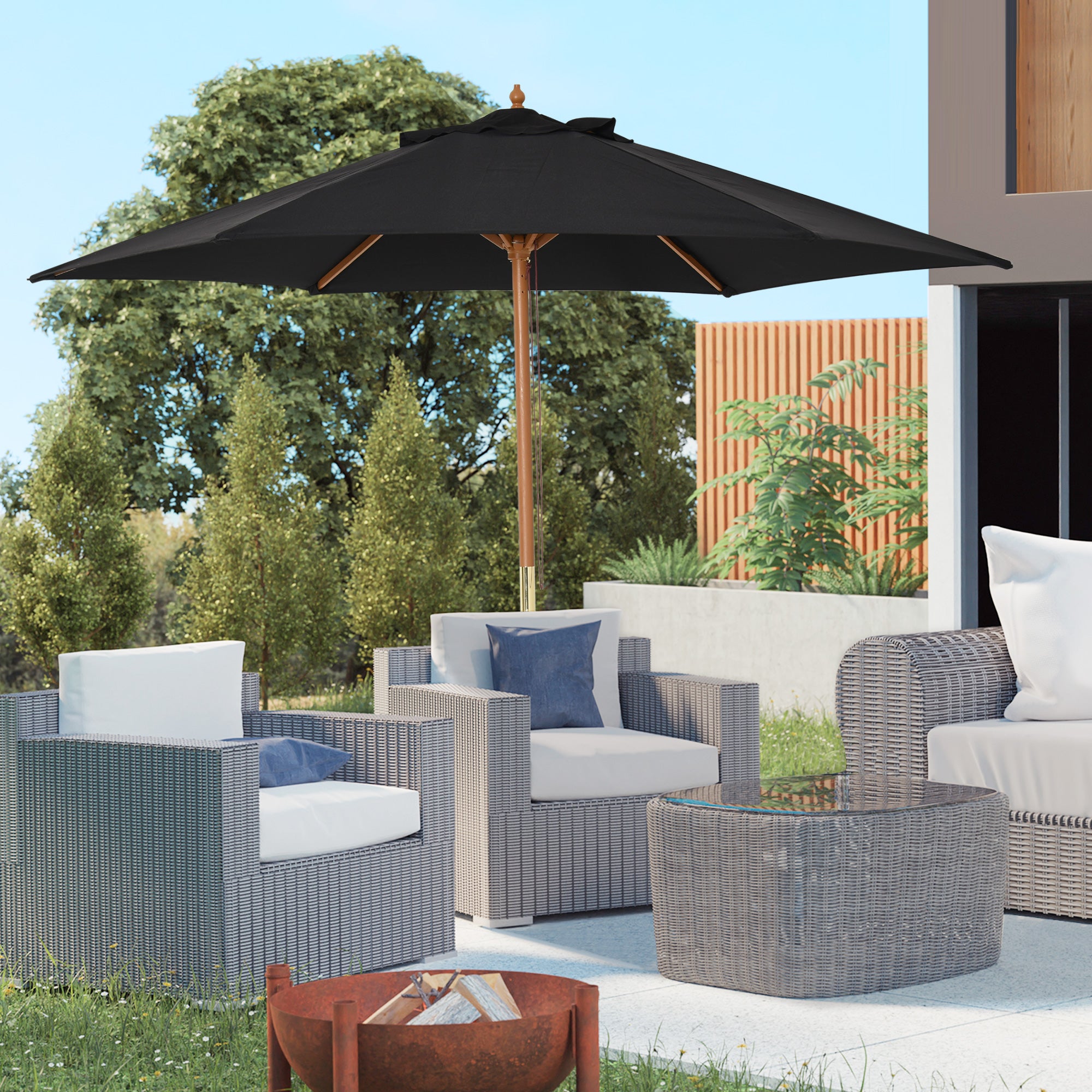 Outsunny Sombrilla de Jardín Ø250x230 cm Parasol de Terraza con 6 Varillas Poste Desmontable Anti-UV Impermeable y Marco de Madera para Playa Patio Negro