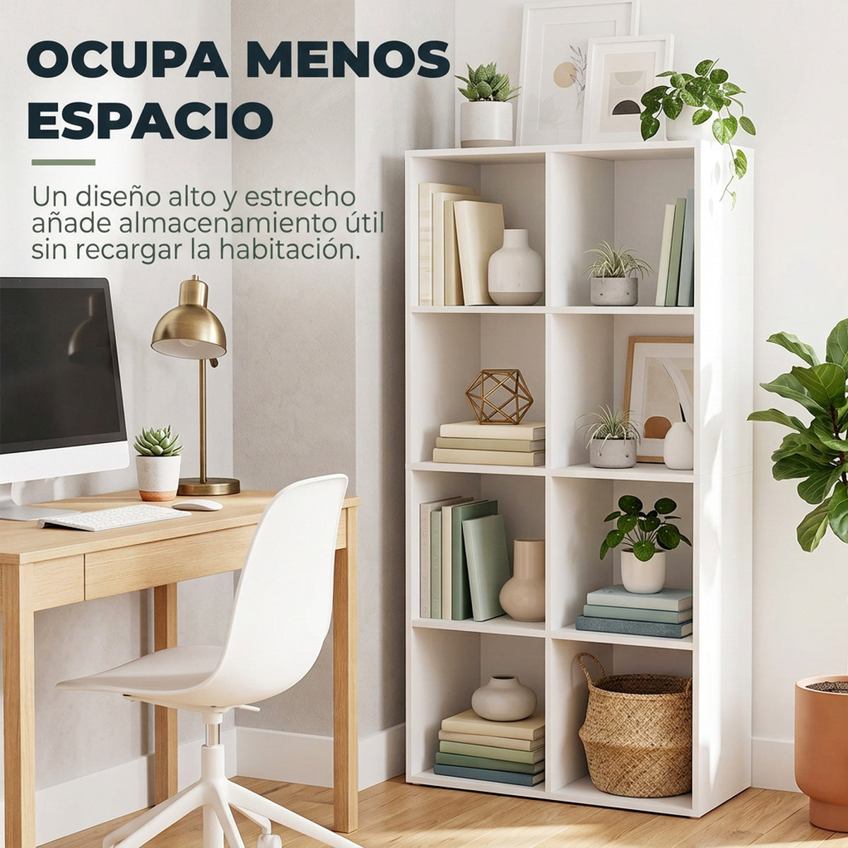 HOMCOM Estantería para Libros con 8 Compartimentos Abiertos, Librería, Estantería Estrecha, para Salón, Dormitorio, 60x30x121 cm, Blanco