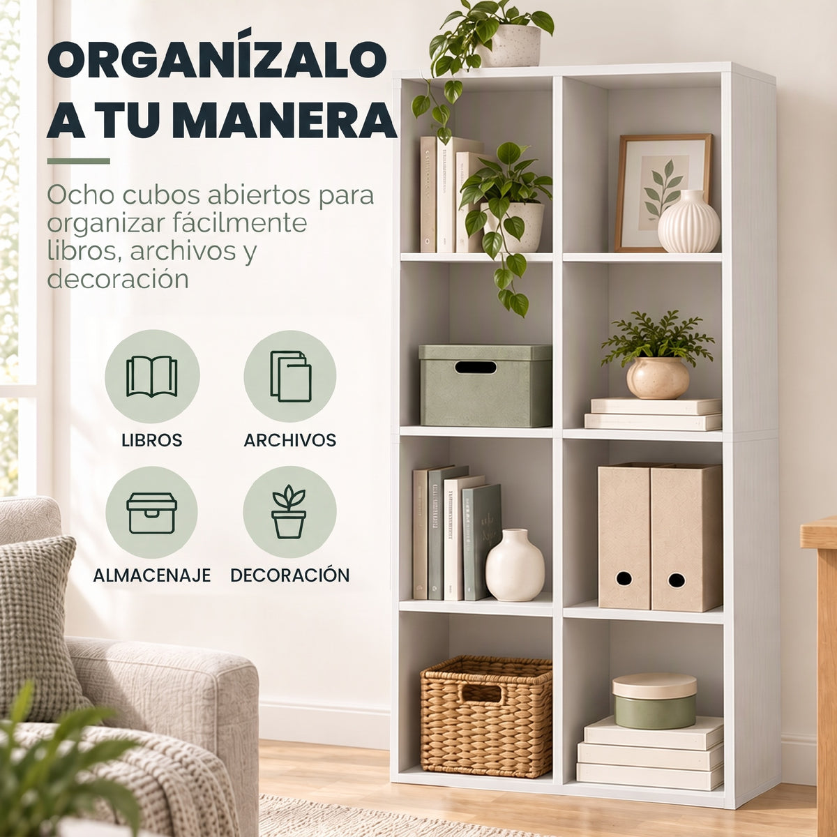 HOMCOM Estantería para Libros con 8 Compartimentos Abiertos, Librería, Estantería Estrecha, para Salón, Dormitorio, 60x30x121 cm, Blanco