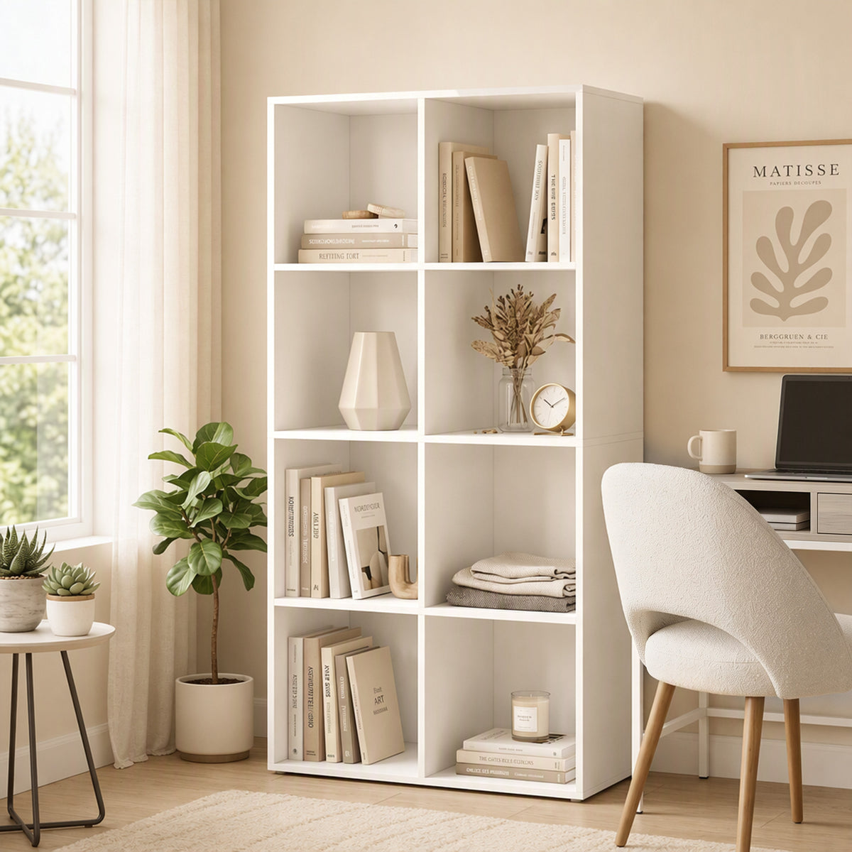 HOMCOM Estantería para Libros con 8 Compartimentos Abiertos, Librería, Estantería Estrecha, para Salón, Dormitorio, 60x30x121 cm, Blanco
