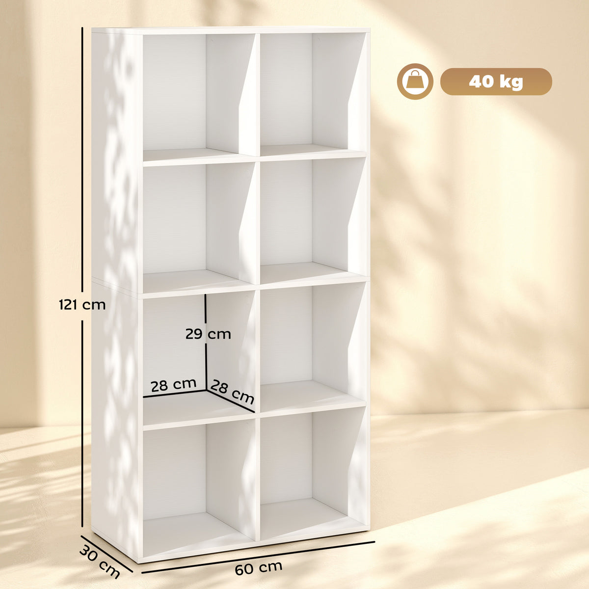 HOMCOM Estantería para Libros con 8 Compartimentos Abiertos, Librería, Estantería Estrecha, para Salón, Dormitorio, 60x30x121 cm, Blanco