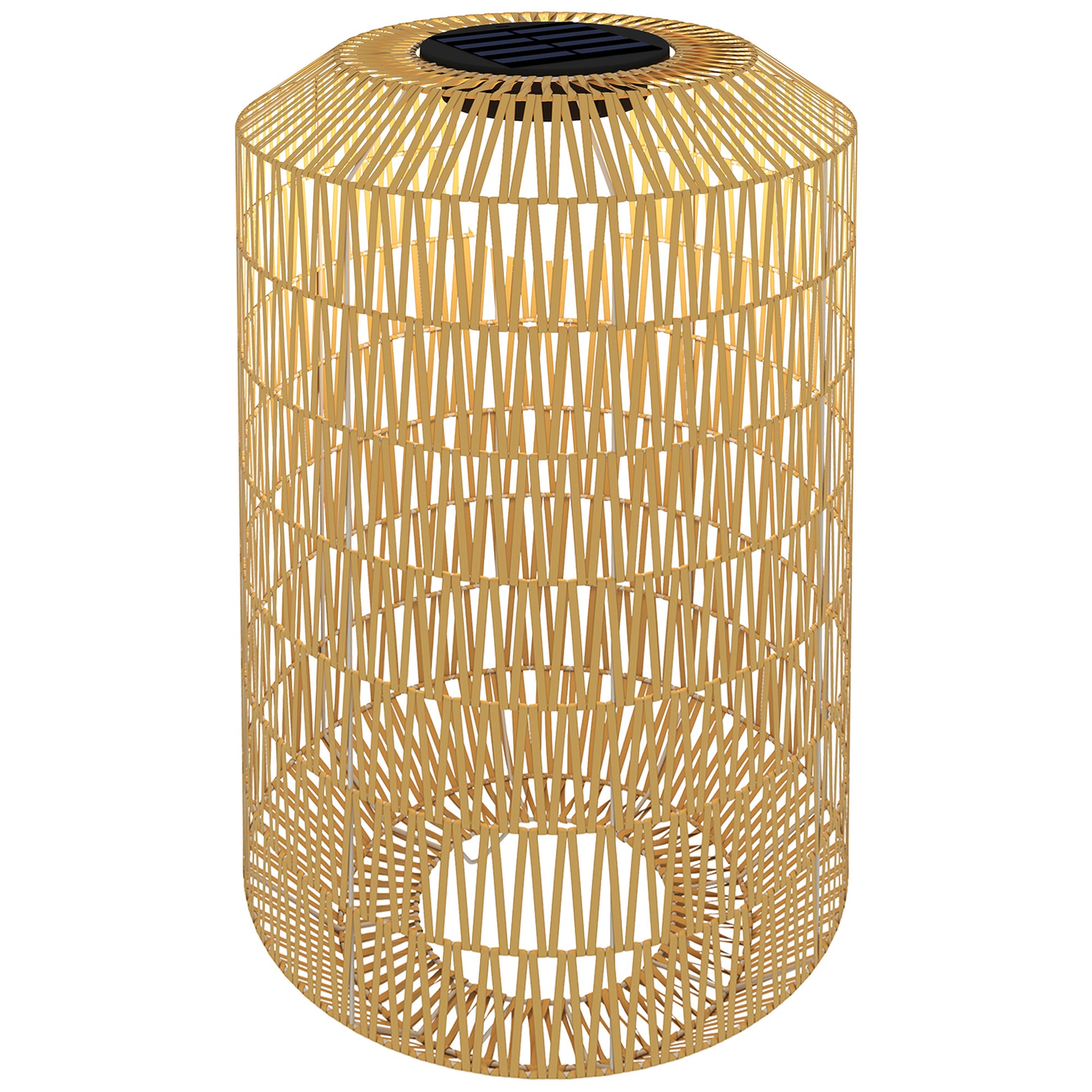 Outsunny Linterna de Jardín de Ratán Sintético Farola Solar con Luces LED Encendido y Apagado Automático Diseño Bohemio Impermeable para Terraza Balcón Patio Ø30x55 cm Natural