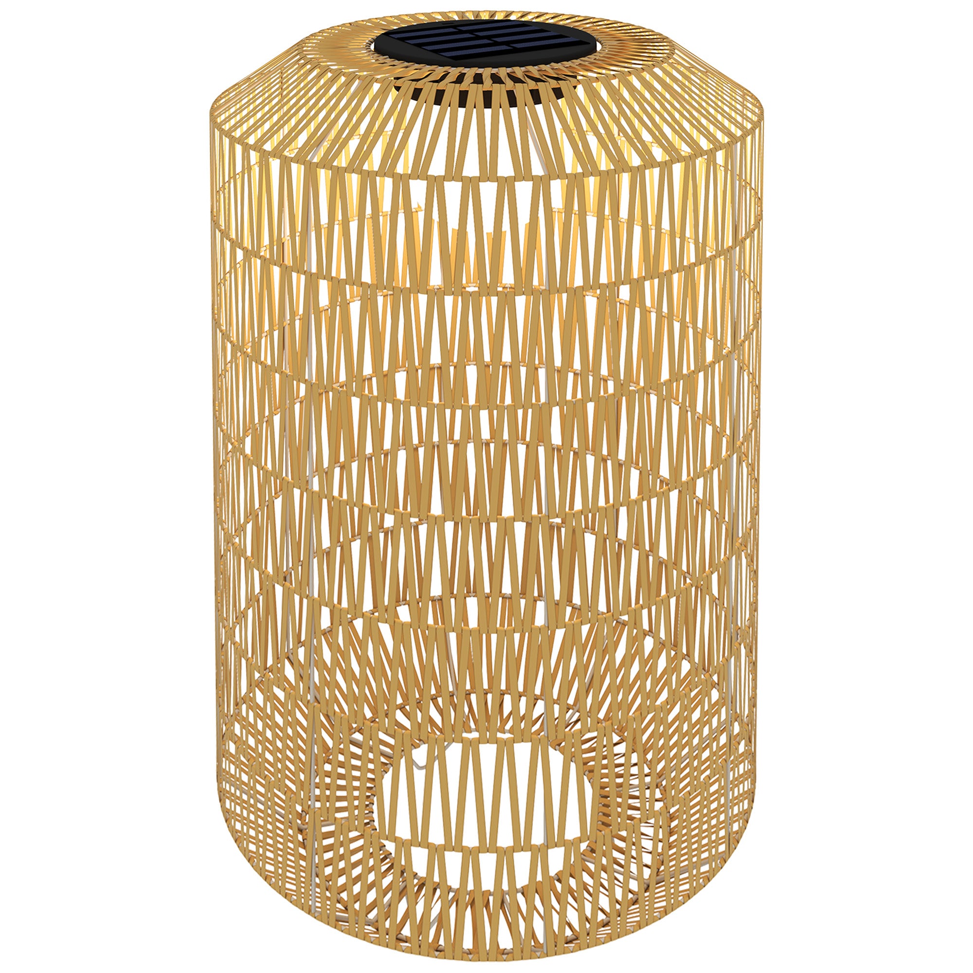 Outsunny Linterna de Jardín de Ratán Sintético Farola Solar con Luces LED Encendido y Apagado Automático Diseño Bohemio Impermeable para Terraza Balcón Patio Ø30x55 cm Natural
