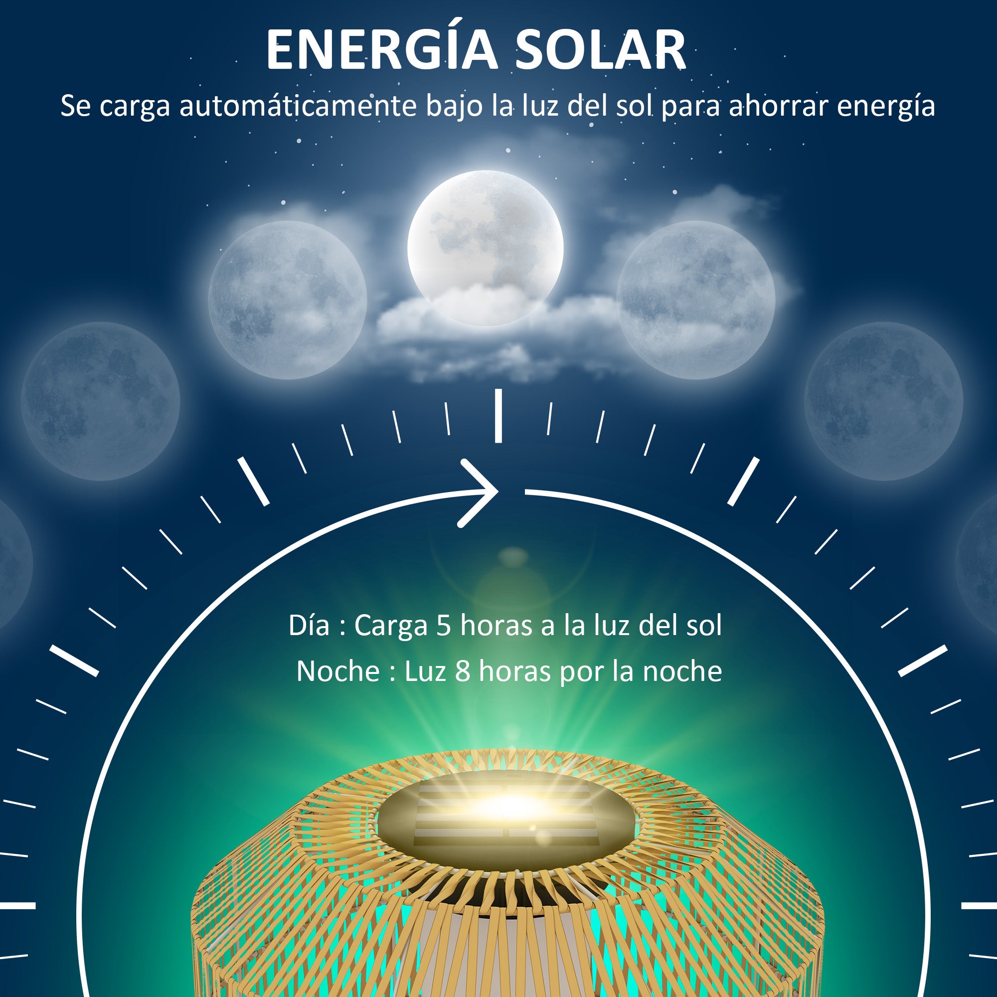 Outsunny Linterna de Jardín de Ratán Sintético Farola Solar con Luces LED Encendido y Apagado Automático Diseño Bohemio Impermeable para Terraza Balcón Patio Ø30x55 cm Natural