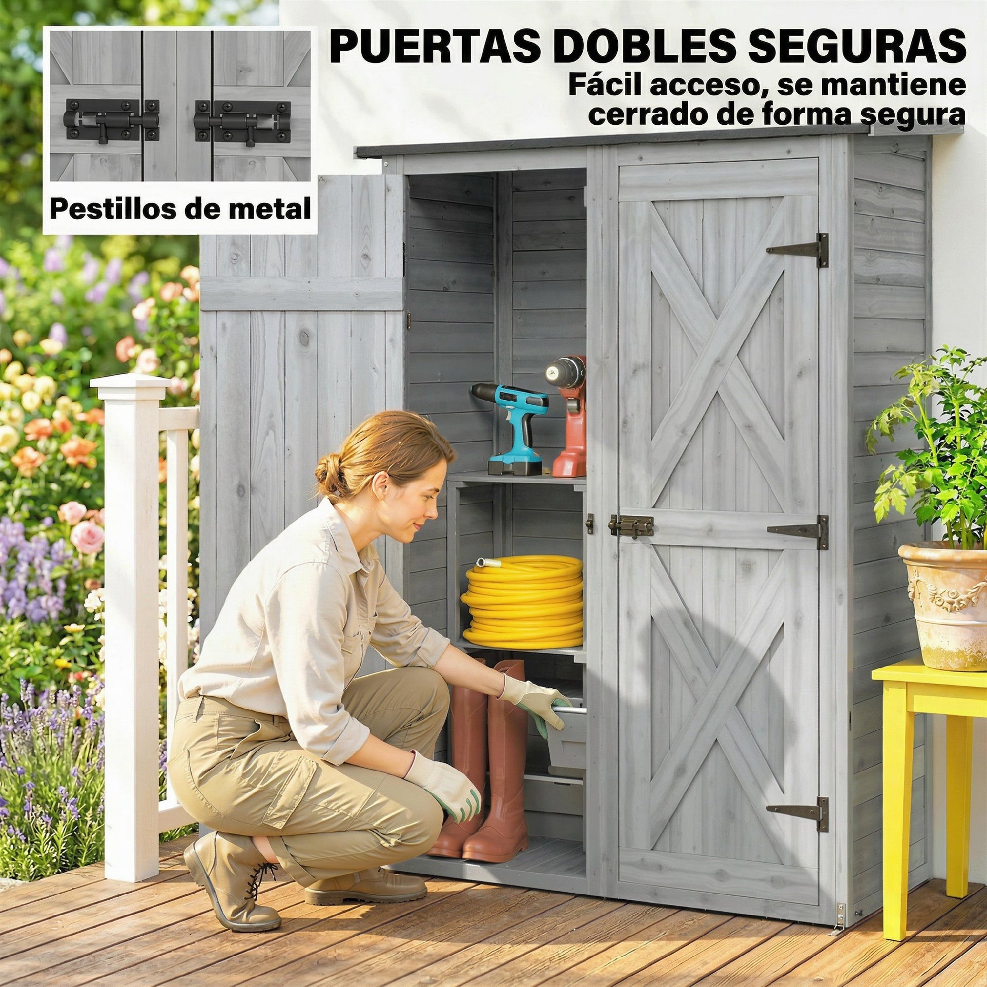 Outsunny Caseta de Jardín de Madera 115x53x156 cm Cobertizo Jardín Exterior Armario Exterior para Herramientas con Puertas Dobles con Pestillo 2 Estantes y Techo Inclinado Fijación con Estacas Gris