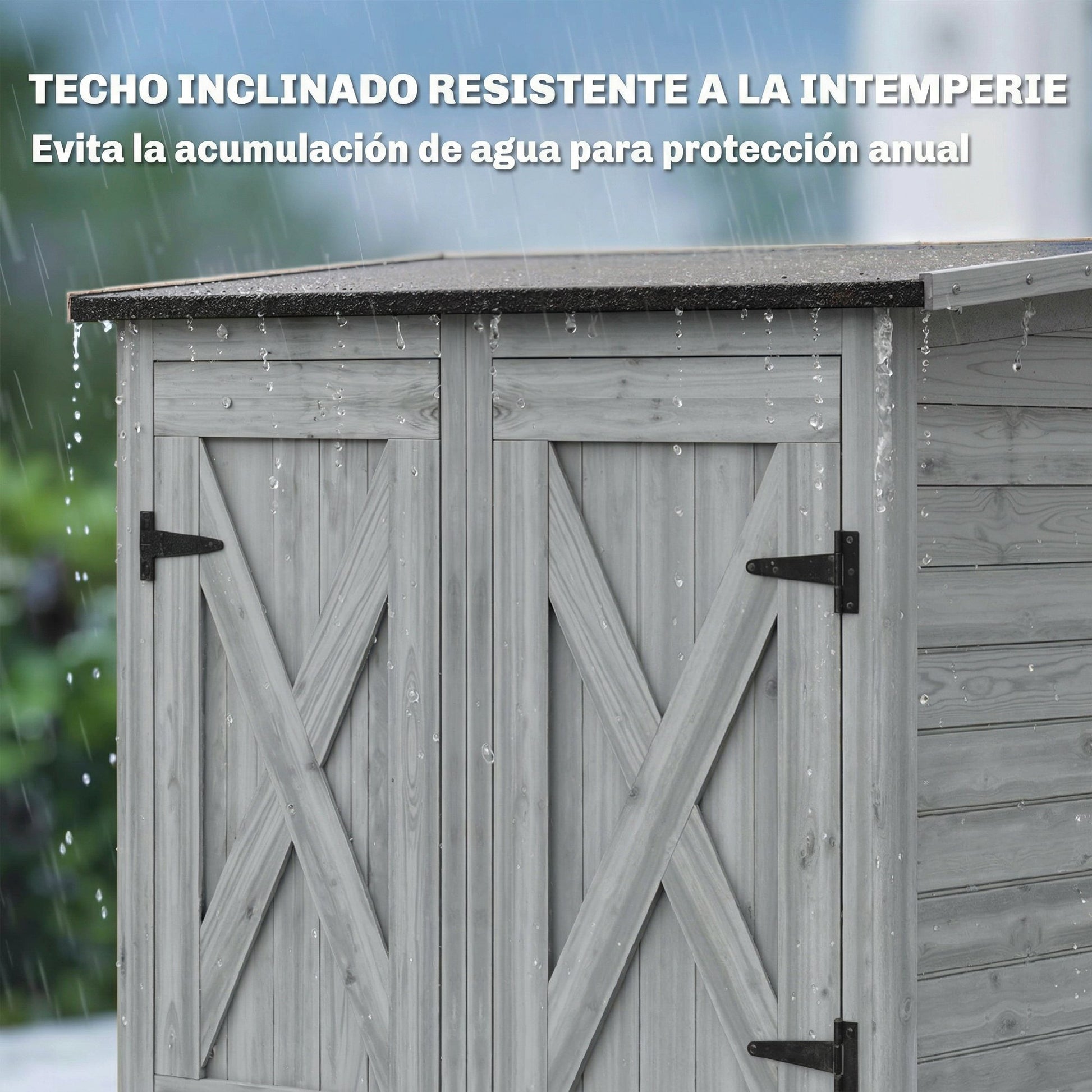 Outsunny Caseta de Jardín de Madera 115x53x156 cm Cobertizo Jardín Exterior Armario Exterior para Herramientas con Puertas Dobles con Pestillo 2 Estantes y Techo Inclinado Fijación con Estacas Gris