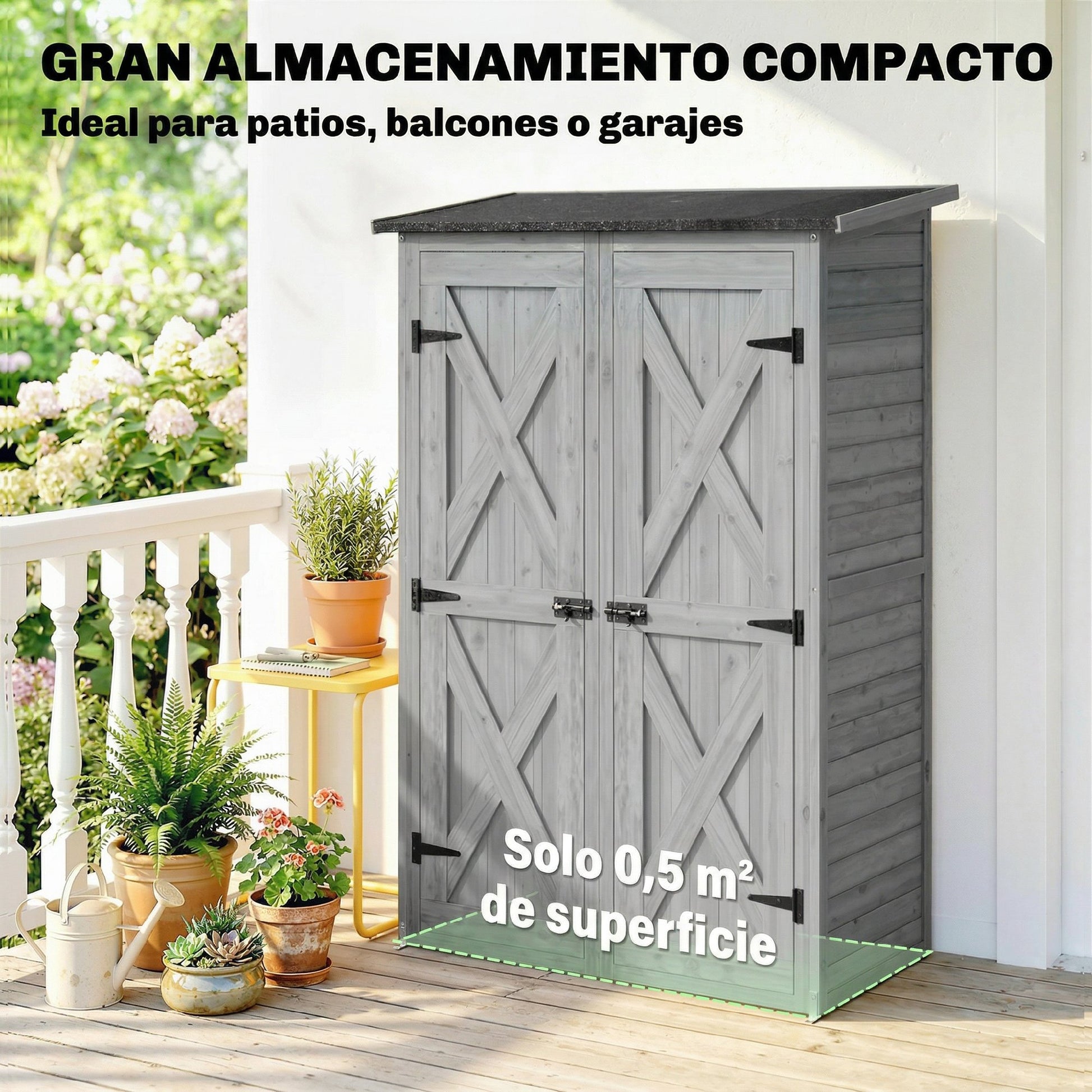 Outsunny Caseta de Jardín de Madera 115x53x156 cm Cobertizo Jardín Exterior Armario Exterior para Herramientas con Puertas Dobles con Pestillo 2 Estantes y Techo Inclinado Fijación con Estacas Gris