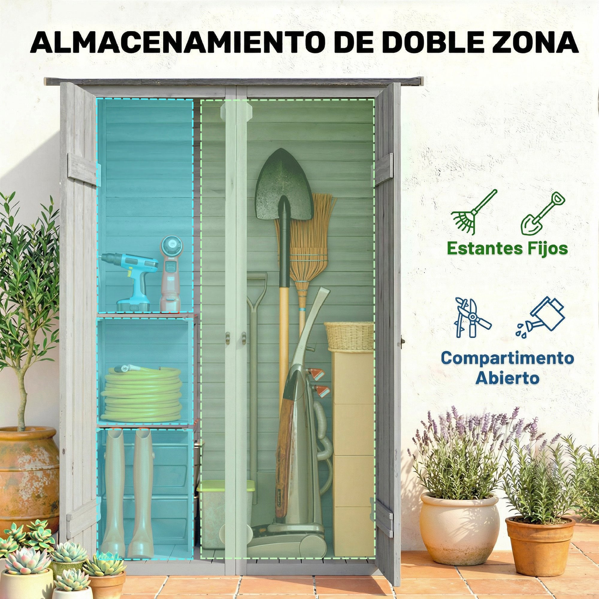 Outsunny Caseta de Jardín de Madera 115x53x156 cm Cobertizo Jardín Exterior Armario Exterior para Herramientas con Puertas Dobles con Pestillo 2 Estantes y Techo Inclinado Fijación con Estacas Gris