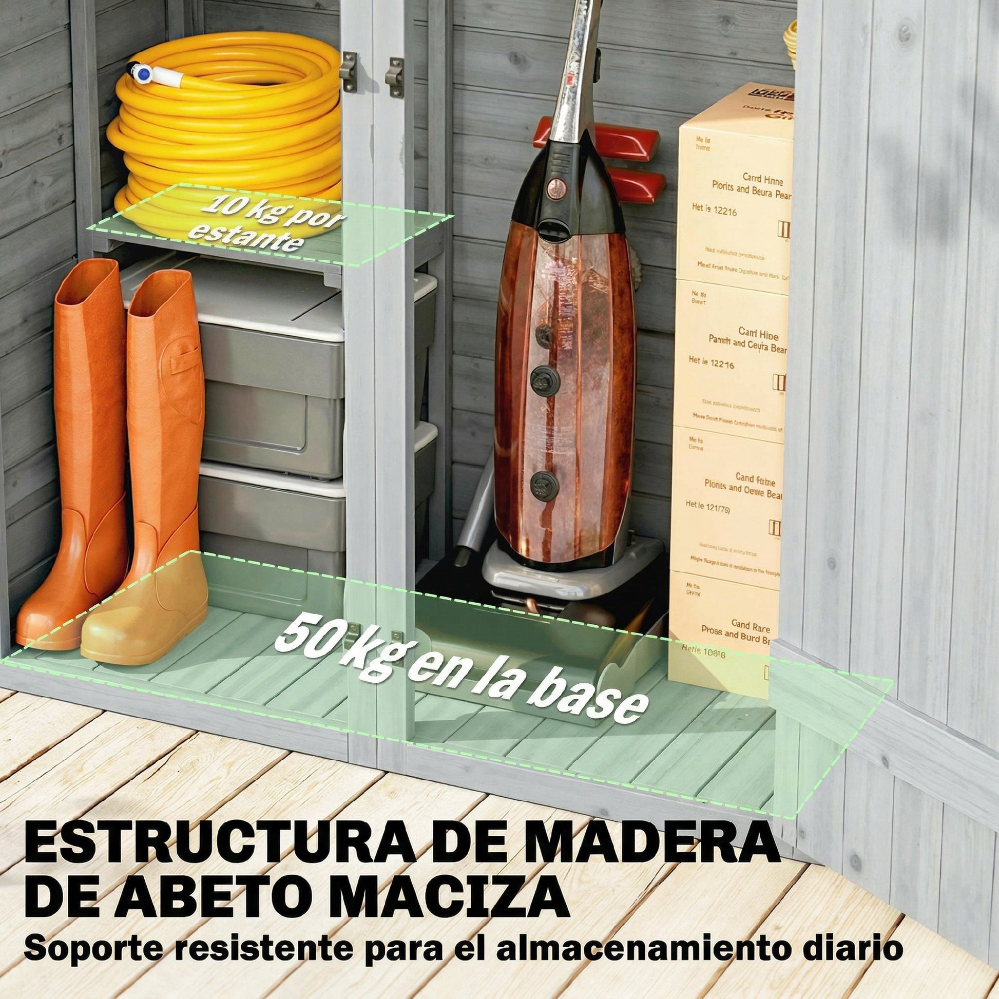 Outsunny Caseta de Jardín de Madera 115x53x156 cm Cobertizo Jardín Exterior Armario Exterior para Herramientas con Puertas Dobles con Pestillo 2 Estantes y Techo Inclinado Fijación con Estacas Gris