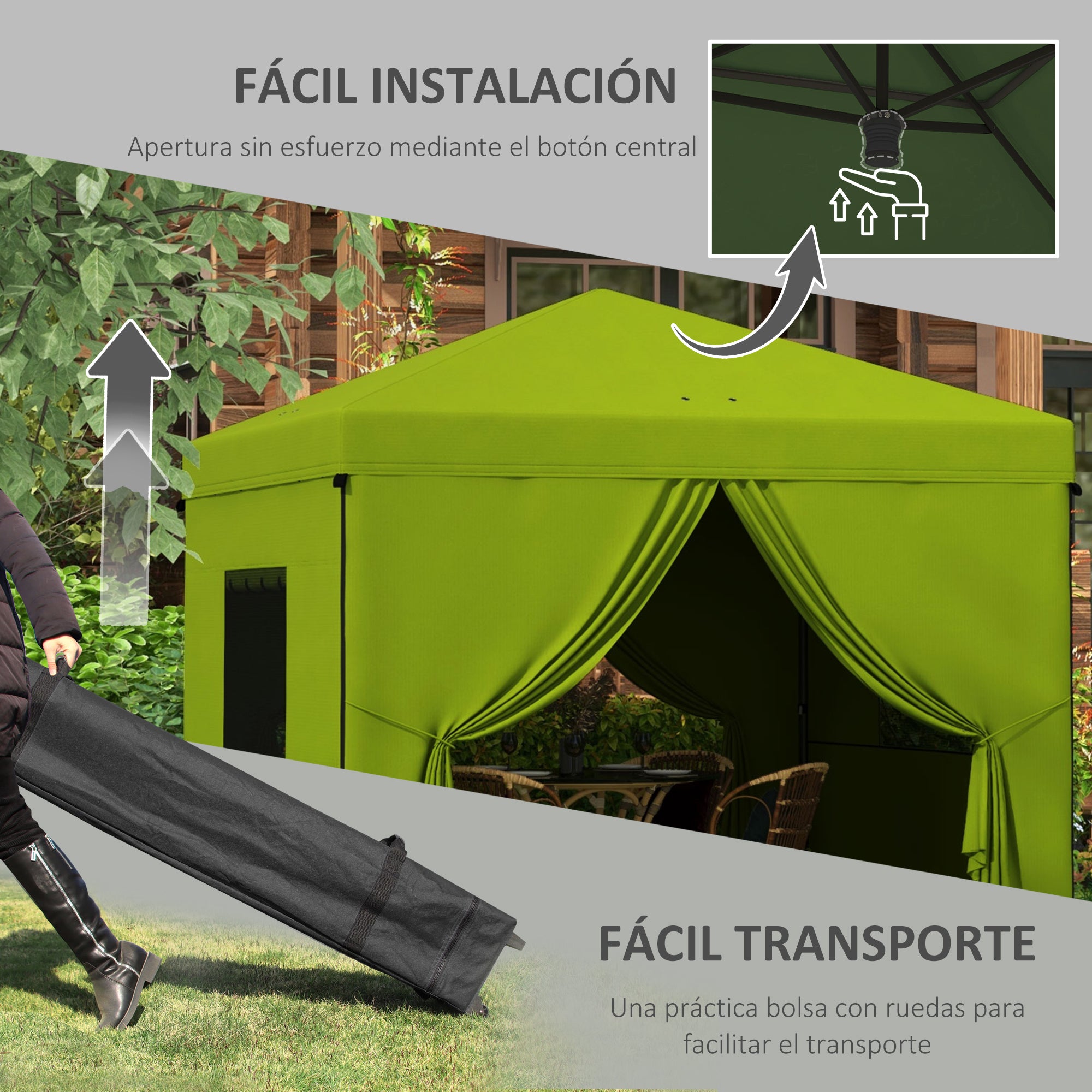 Outsunny Carpa Plegable Pop-UP 3x3 m Cenador de Jardín con 4 Paredes Laterales 2 Ventanas de Malla Altura Ajustable Bolsa de Transporte Impermeable y Anti-UV para Camping Fiestas Verde