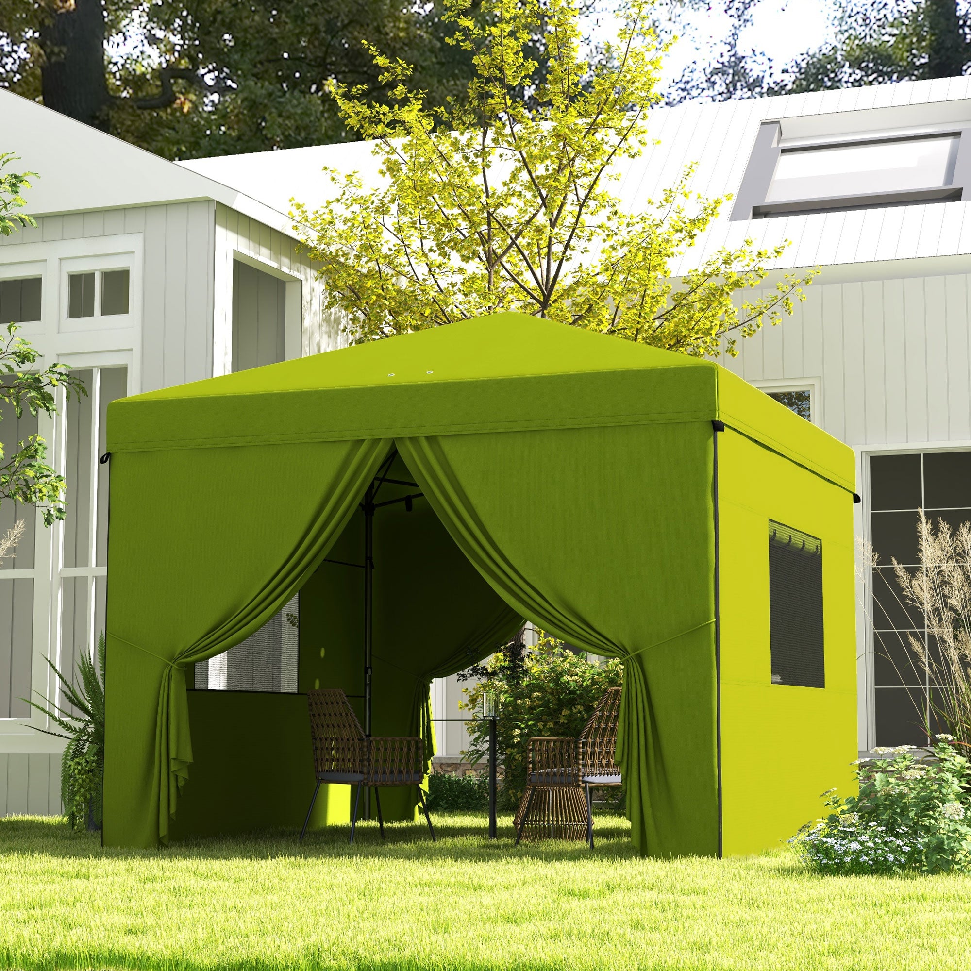 Outsunny Carpa Plegable Pop-UP 3x3 m Cenador de Jardín con 4 Paredes Laterales 2 Ventanas de Malla Altura Ajustable Bolsa de Transporte Impermeable y Anti-UV para Camping Fiestas Verde