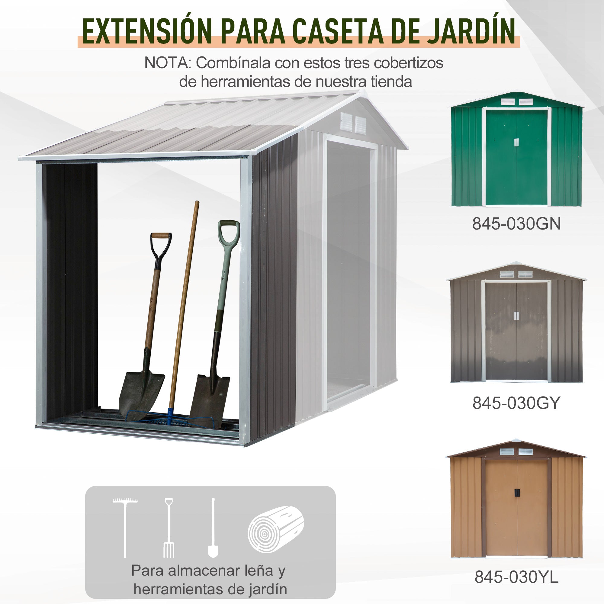 Outsunny Casetilla para Leña Acero Galvanizado para Jardín Exterior Almacenaje de Herramientas con Techo Inclinado 127x71x143/159 cm Gris