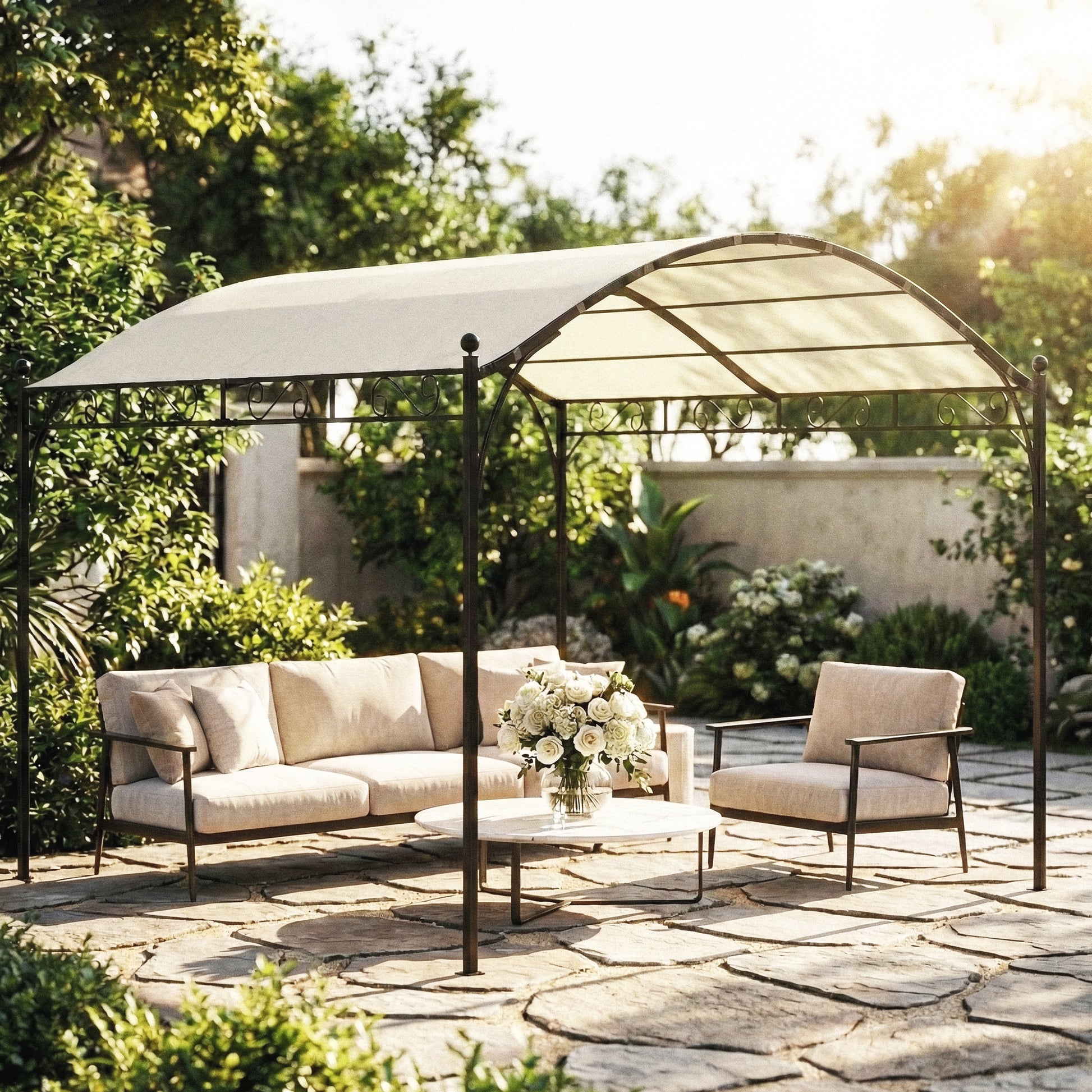 Outsunny Pérgola de Jardín 3x3 m, Cenador de Jardín con Techo Arqueado, Dosel UV30+ y Estructura de Metal Galvanizado, Pabellón para Exterior, Patio, Terraza, Blanco Crema