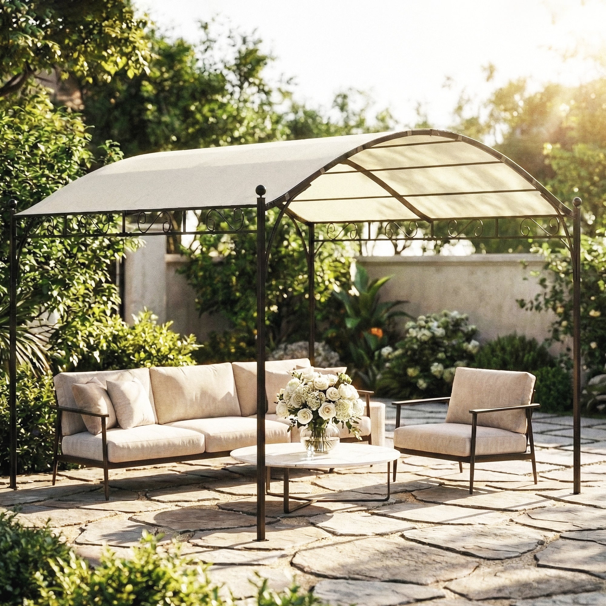 Outsunny Pérgola de Jardín 3x3 m, Cenador de Jardín con Techo Arqueado, Dosel UV30+ y Estructura de Metal Galvanizado, Pabellón para Exterior, Patio, Terraza, Blanco Crema