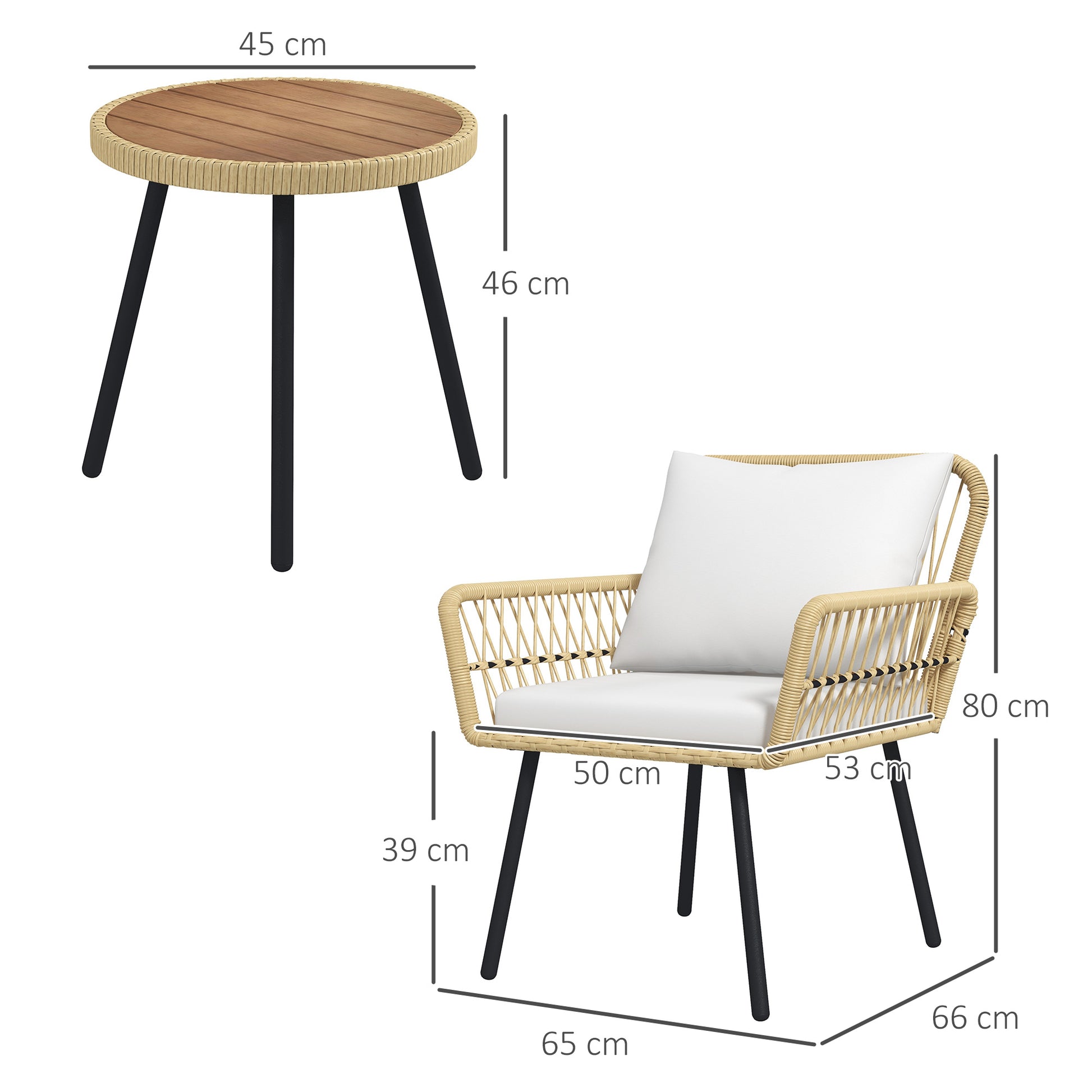 Outsunny Conjunto de Muebles de Jardín Juego de 3 Piezas Sillas y Mesa de Ratán con 2 Sillas 1 Mesa de Centro Redonda y Cojines para Terraza Césped Balcón Natural