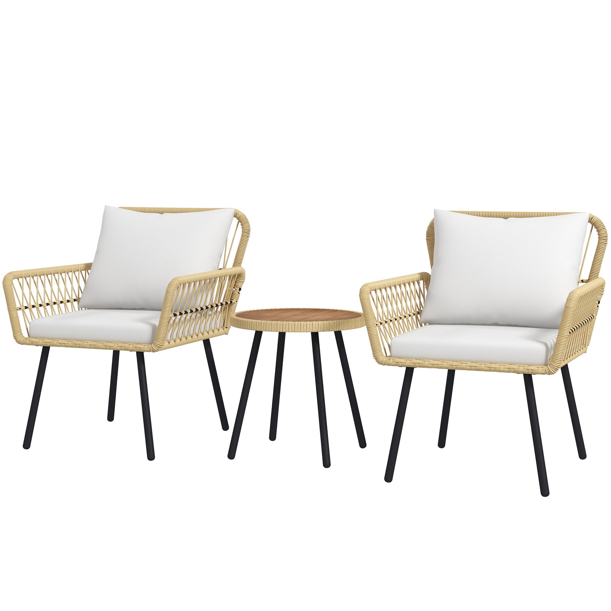 Outsunny Conjunto de Muebles de Jardín Juego de 3 Piezas Sillas y Mesa de Ratán con 2 Sillas 1 Mesa de Centro Redonda y Cojines para Terraza Césped Balcón Natural