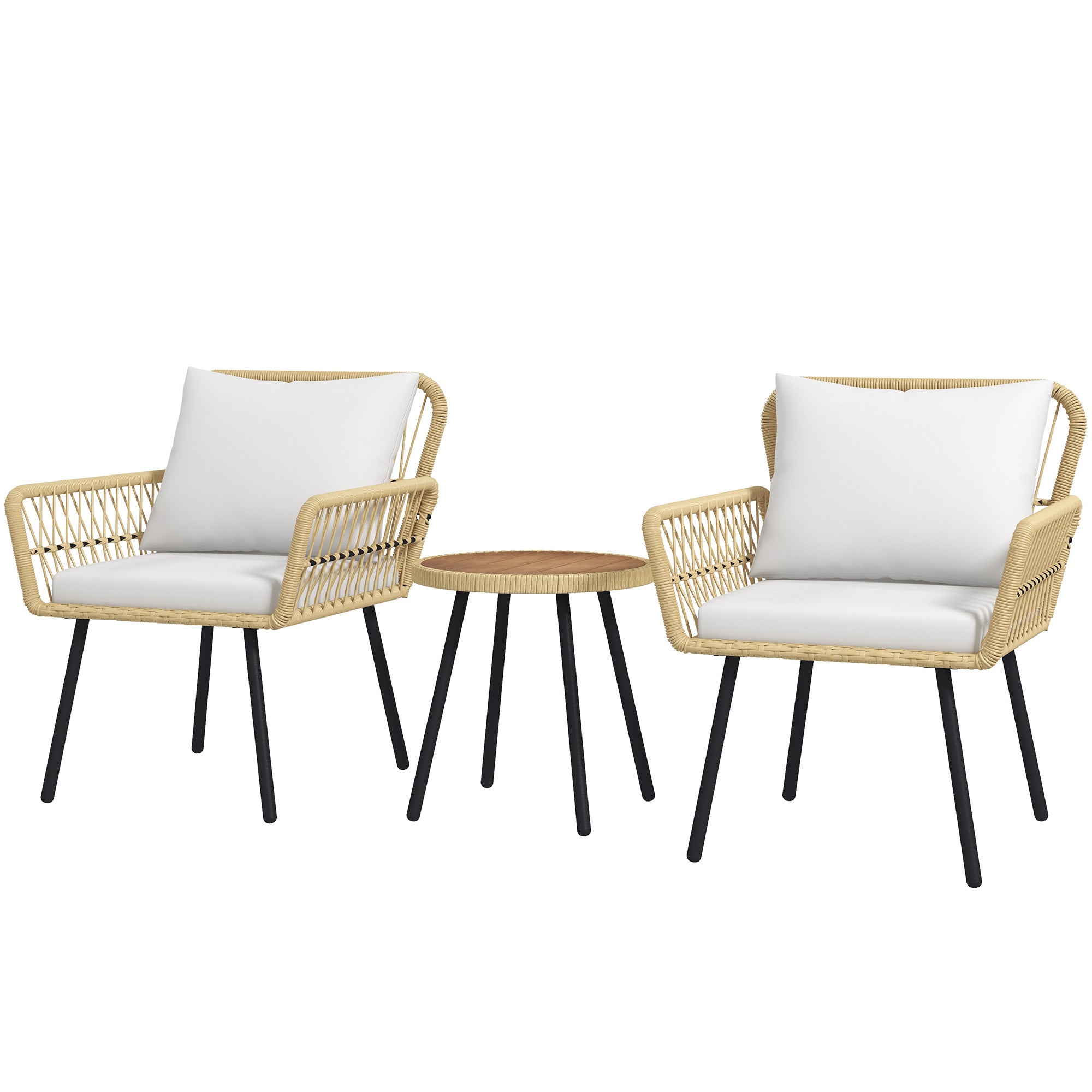 Outsunny Conjunto de Muebles de Jardín Juego de 3 Piezas Sillas y Mesa de Ratán con 2 Sillas 1 Mesa de Centro Redonda y Cojines para Terraza Césped Balcón Natural