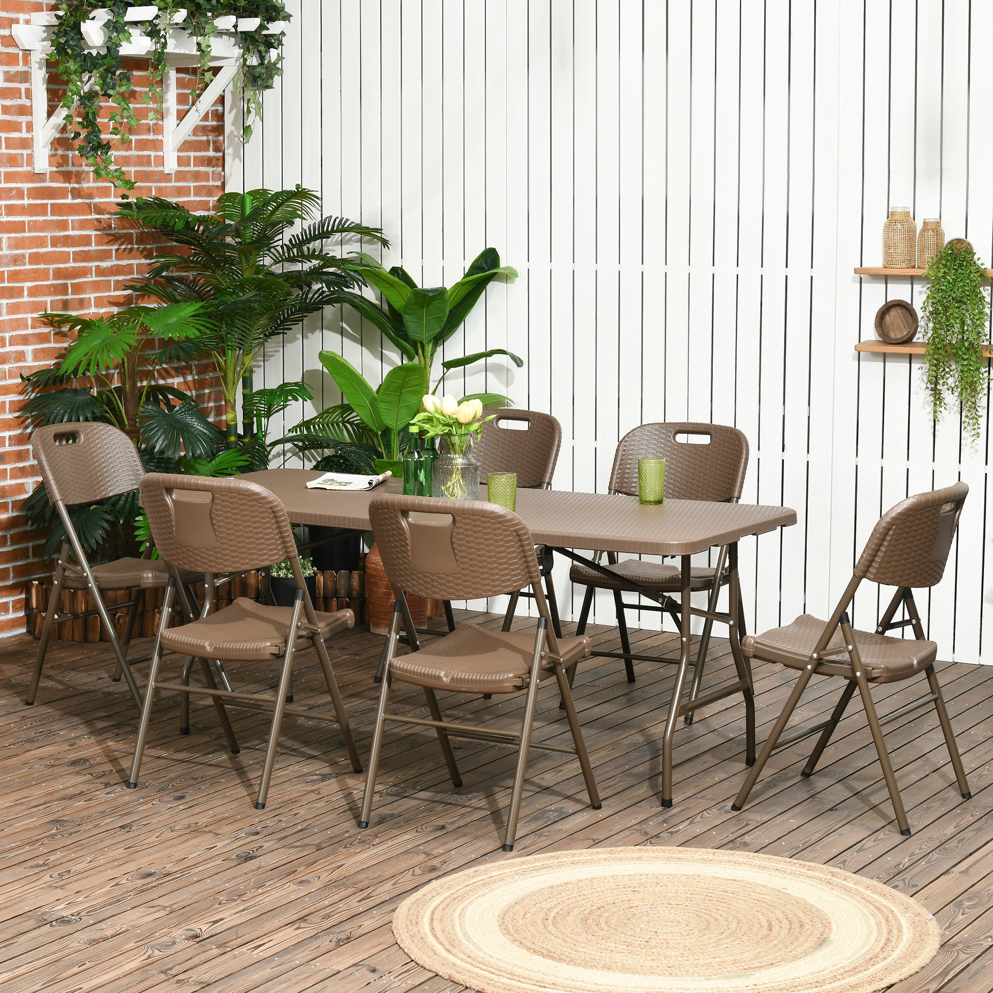 Outsunny Conjunto de Mesa y 6 Sillas de Jardín Juego de Comedor de 7 Piezas Plegable Diseño de Imitación de Ratán con Marco de Acero para Playa Terraza Patio Marrón