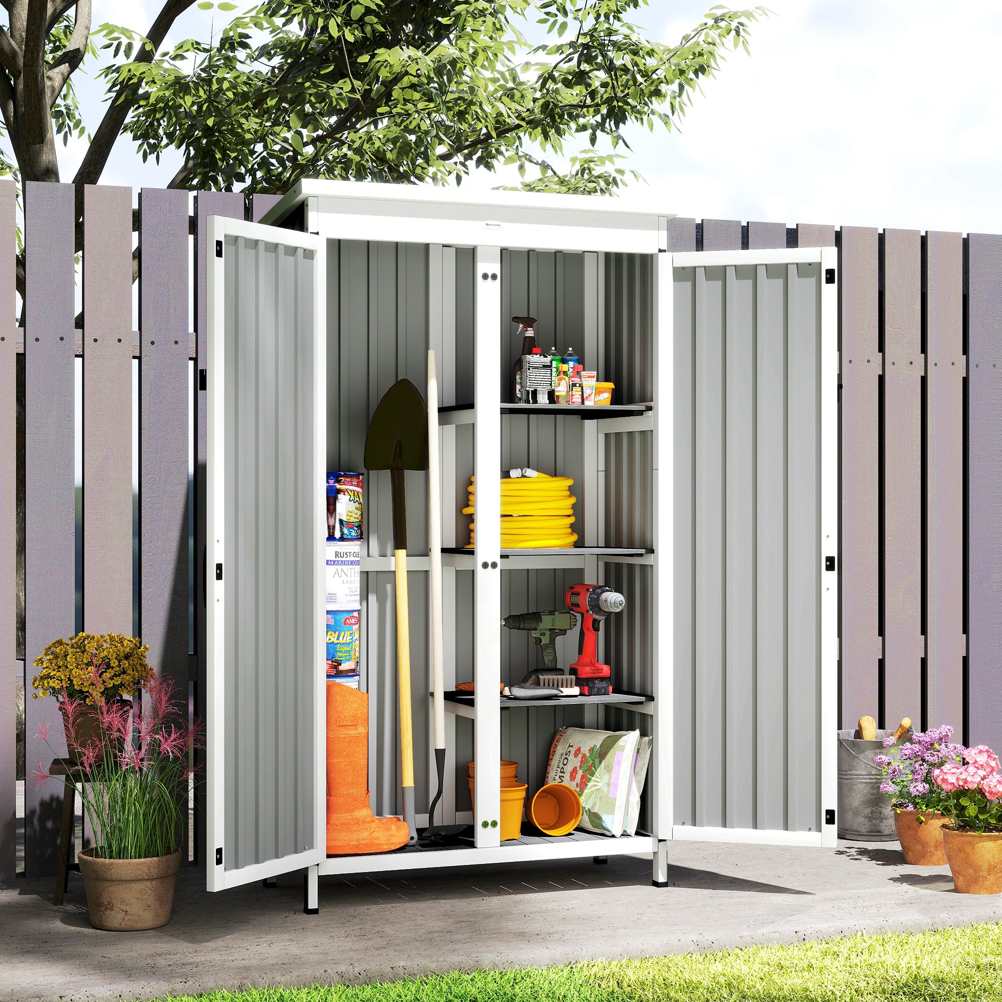 Outsunny Caseta de Jardín de Madera y Acero 94x43x166 cm Cobertizo Jardín Exterior Armario para Herramientas con 2 Puertas Estantes Ajustables Techo Impermeable para Terraza Fijación con Estacas Negro