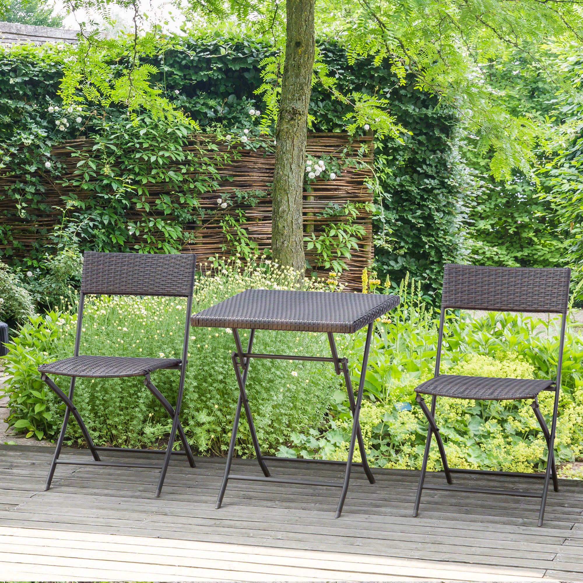 Outsunny Conjunto de Muebles de Jardín Plegable de 3 Piezas Juego de Sillas y Mesa de Ratán para Patio Balcón Jardín Diseño Trenzado Elegante Mesa de 60x60x72 cm Negro