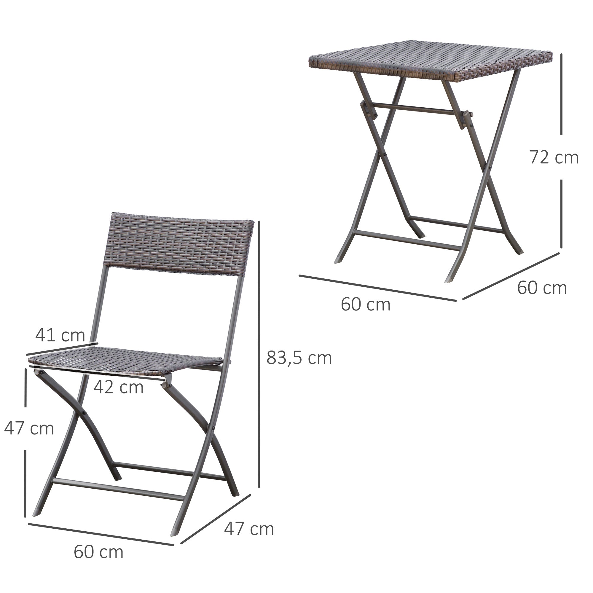 Outsunny Conjunto de Muebles de Jardín Plegable de 3 Piezas Juego de Sillas y Mesa de Ratán para Patio Balcón Jardín Diseño Trenzado Elegante Mesa de 60x60x72 cm Negro