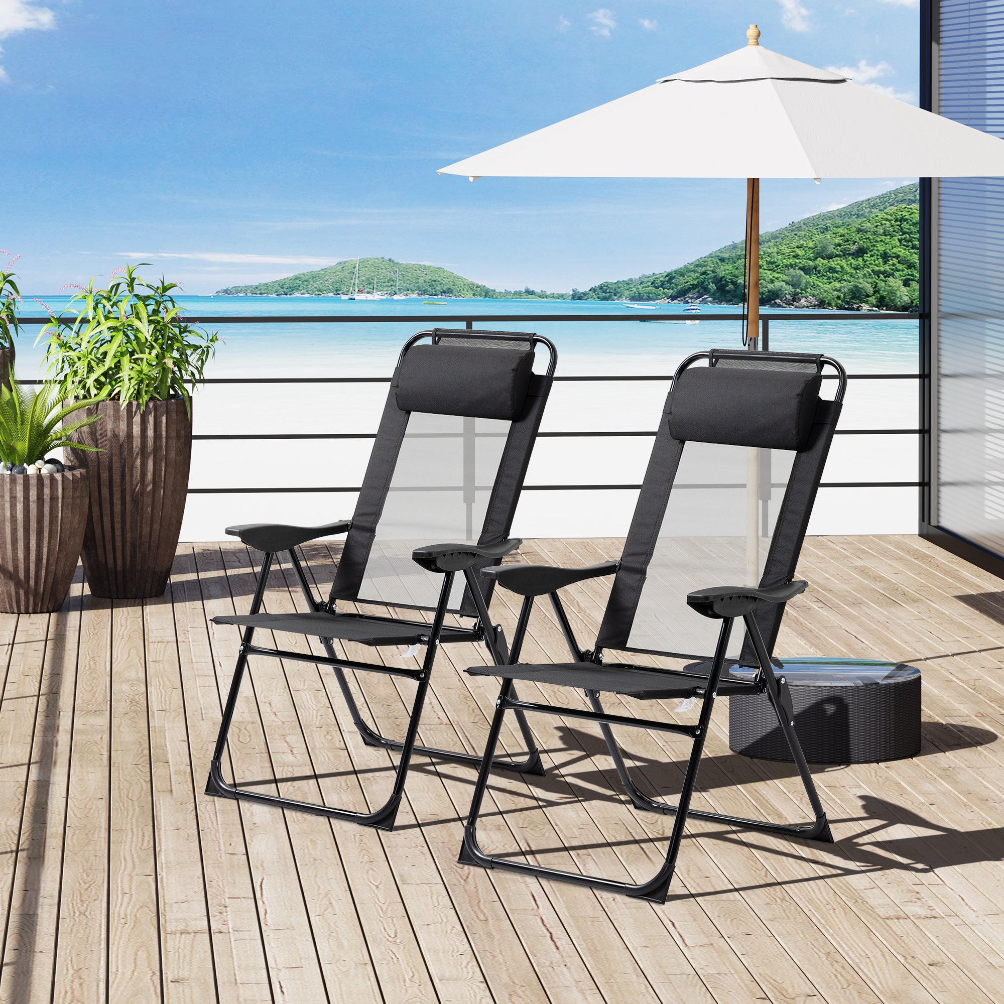 Outsunny Conjunto de 2 Sillas de Camping Plegables Sillas de Jardín con Reposacabezas Desmontable y Respaldo Reclinable en 5 Niveles Carga 120 kg para Terraza Playa 62x70x109 cm Negro