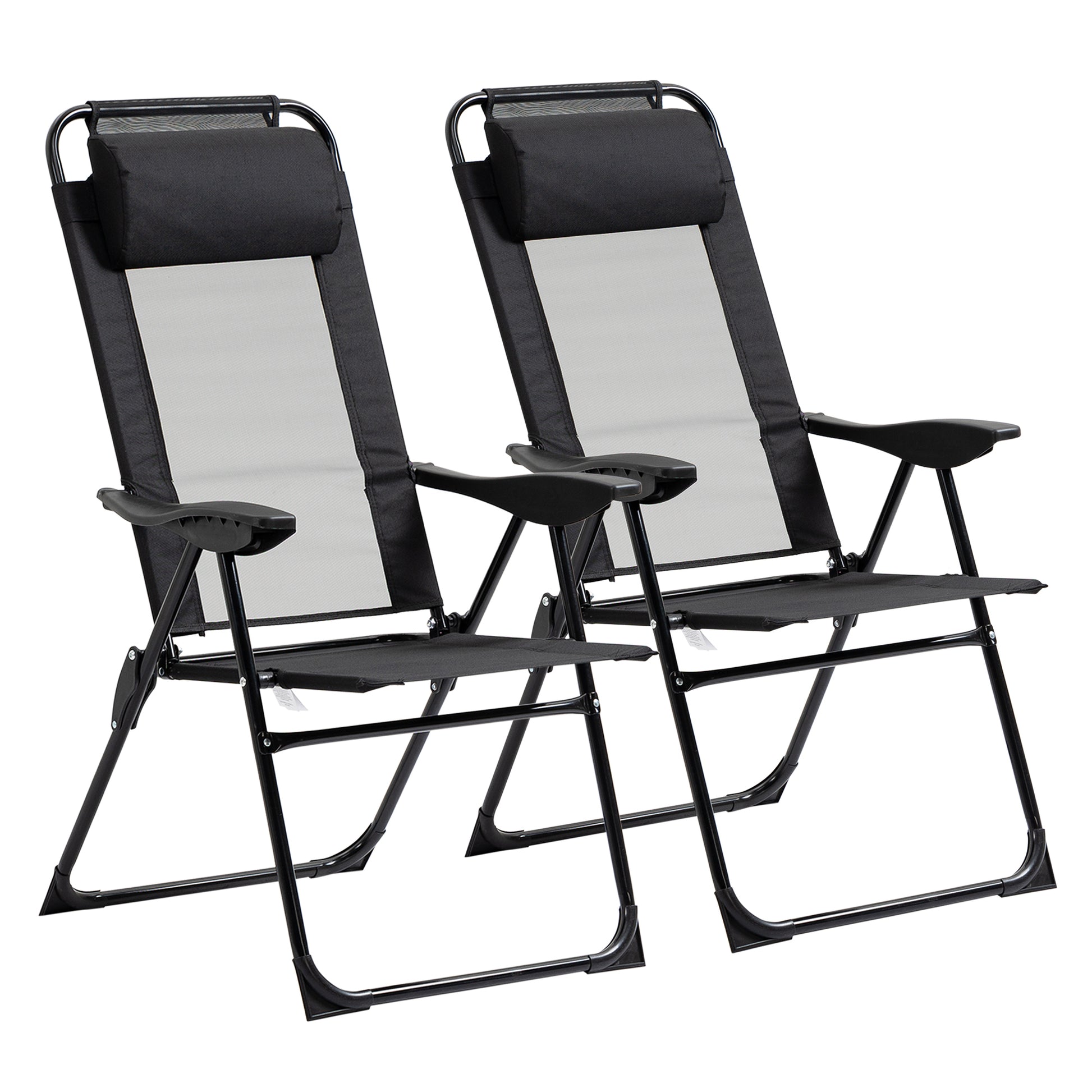 Outsunny Conjunto de 2 Sillas de Camping Plegables Sillas de Jardín con Reposacabezas Desmontable y Respaldo Reclinable en 5 Niveles Carga 120 kg para Terraza Playa 62x70x109 cm Negro