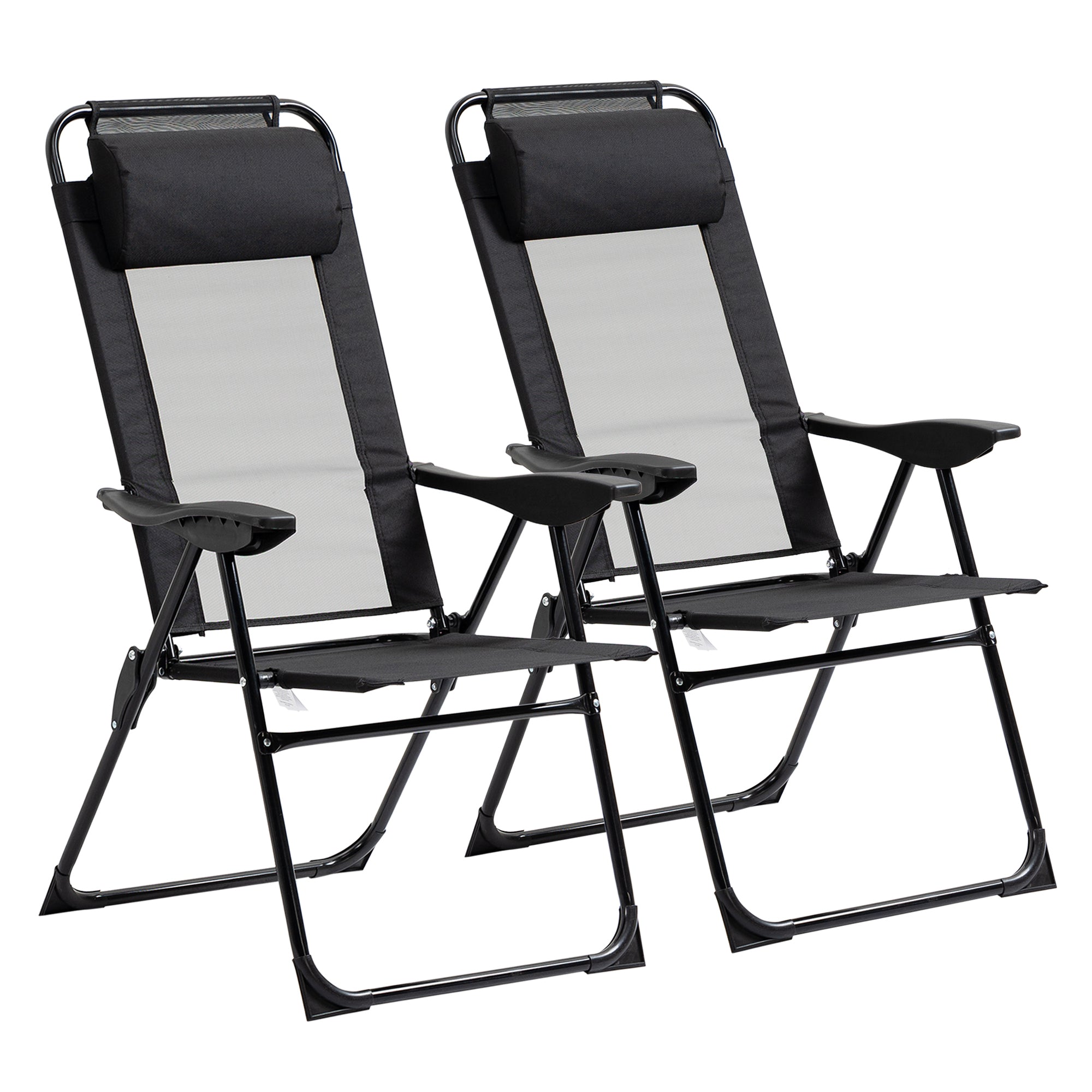 Outsunny Conjunto de 2 Sillas de Camping Plegables Sillas de Jardín con Reposacabezas Desmontable y Respaldo Reclinable en 5 Niveles Carga 120 kg para Terraza Playa 62x70x109 cm Negro