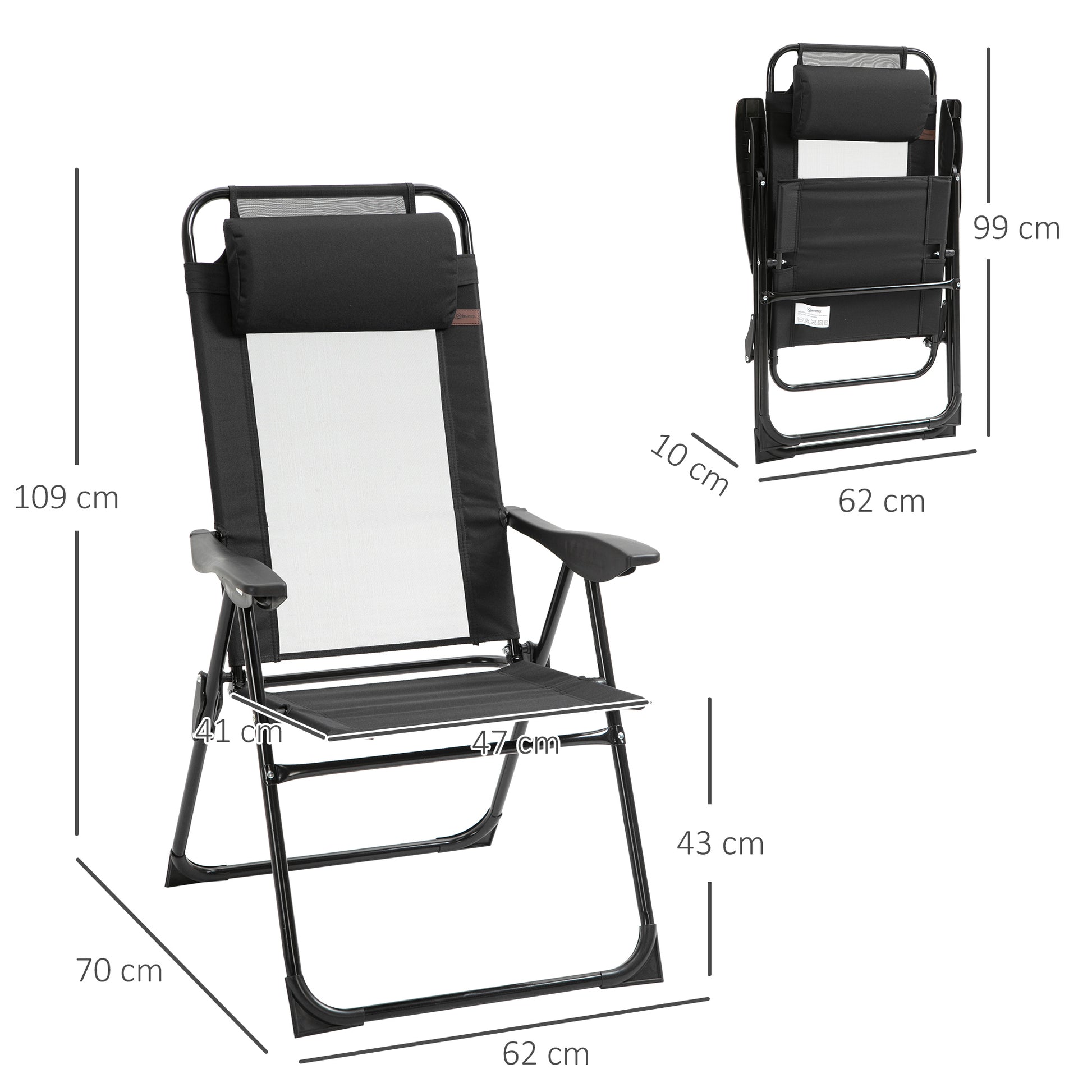 Outsunny Conjunto de 2 Sillas de Camping Plegables Sillas de Jardín con Reposacabezas Desmontable y Respaldo Reclinable en 5 Niveles Carga 120 kg para Terraza Playa 62x70x109 cm Negro