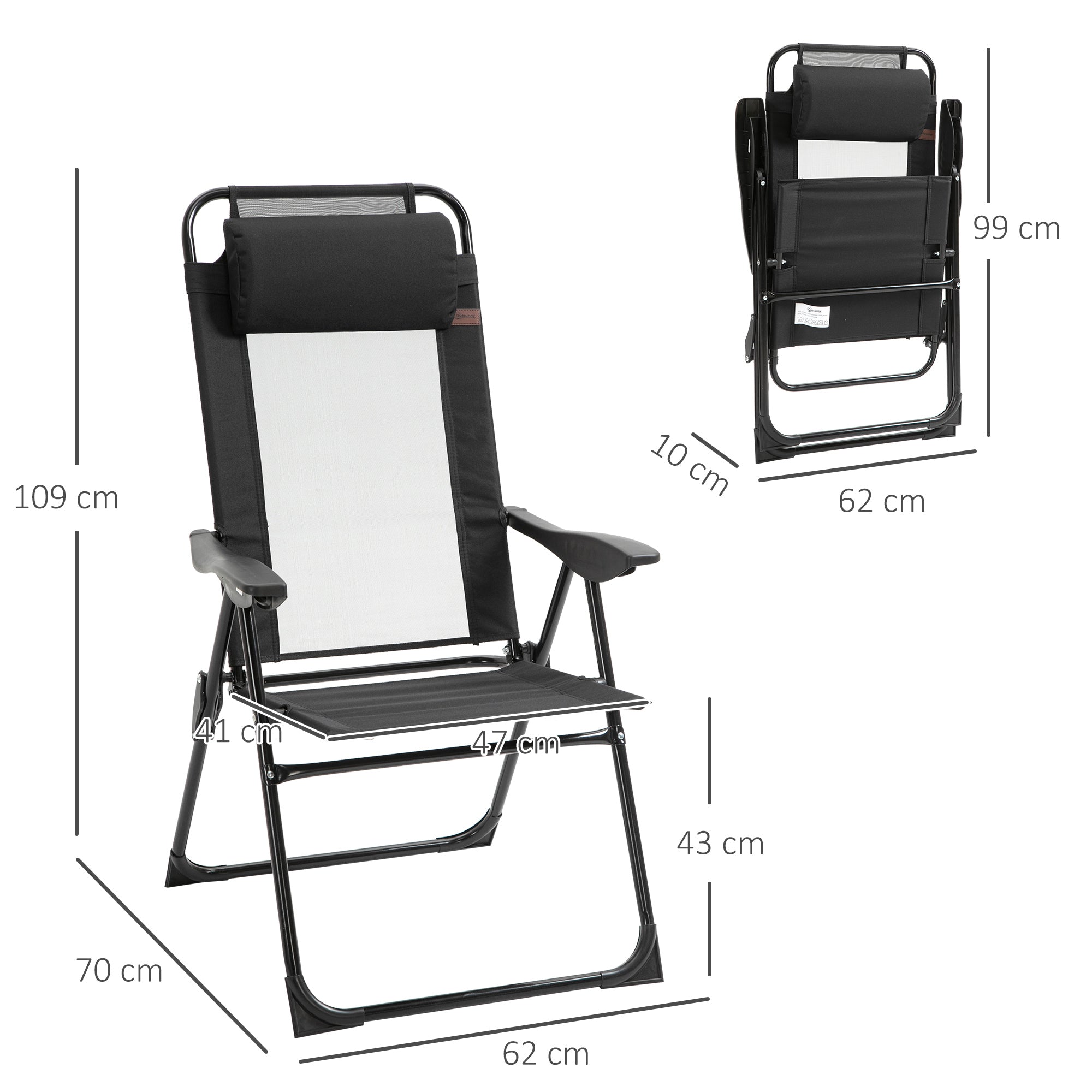 Outsunny Conjunto de 2 Sillas de Camping Plegables Sillas de Jardín con Reposacabezas Desmontable y Respaldo Reclinable en 5 Niveles Carga 120 kg para Terraza Playa 62x70x109 cm Negro