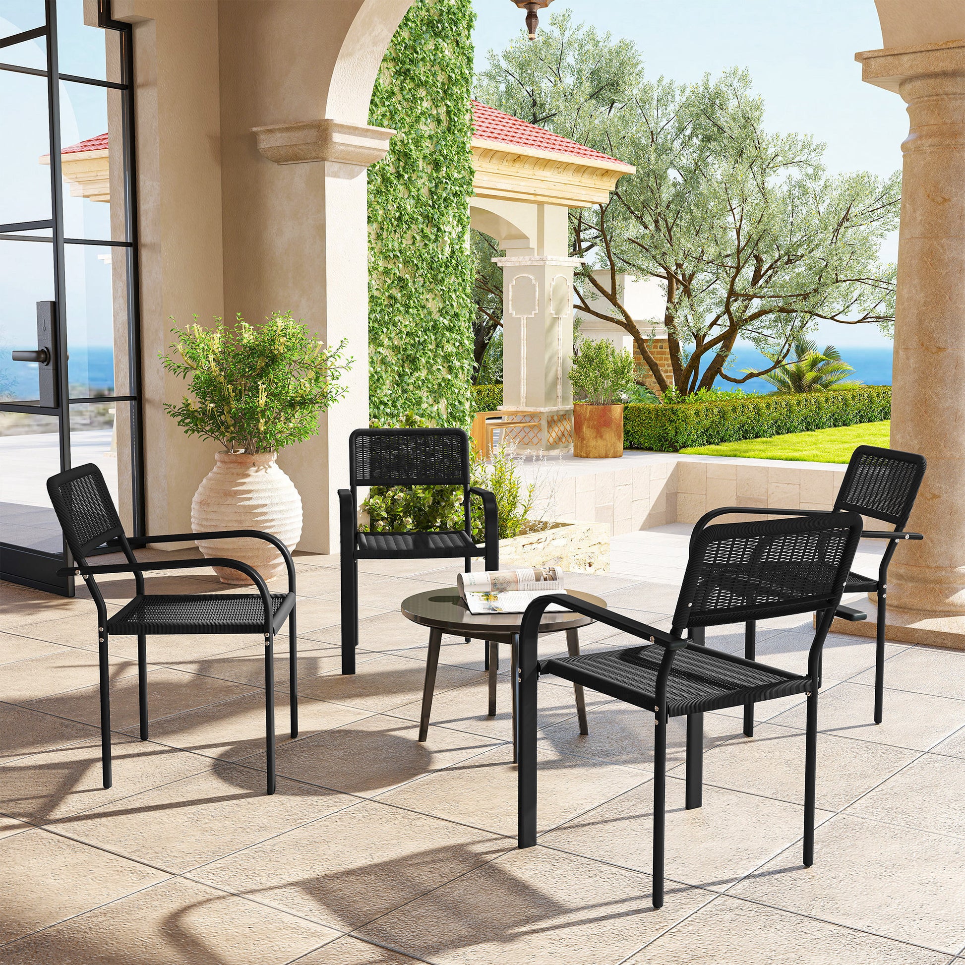 Outsunny Juego de 4 Sillas de Jardín Exterior Apilables, Sillas de Comedor Exterior Efecto Ratán, con Reposabrazos, Marco de Acero, Resistente a la Intemperie y Ligero, 55x60x83 cm, Negro