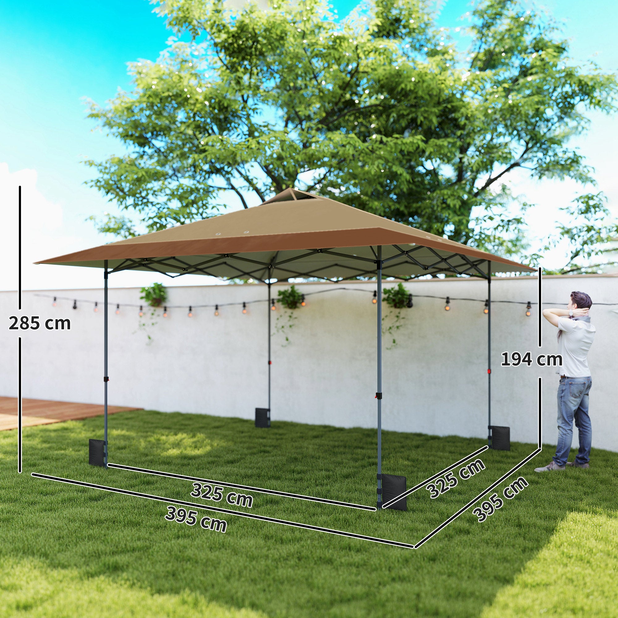 Outsunny Carpa Plegable Pop-up Gazebo 4x4 m, Cenador Plegable con Bloqueo Central, UPF50+, Altura Ajustable, 4 Bolsas de Arena y Bolsa de Transporte con Ruedas, para Camping, Fiestas, Beige y Café