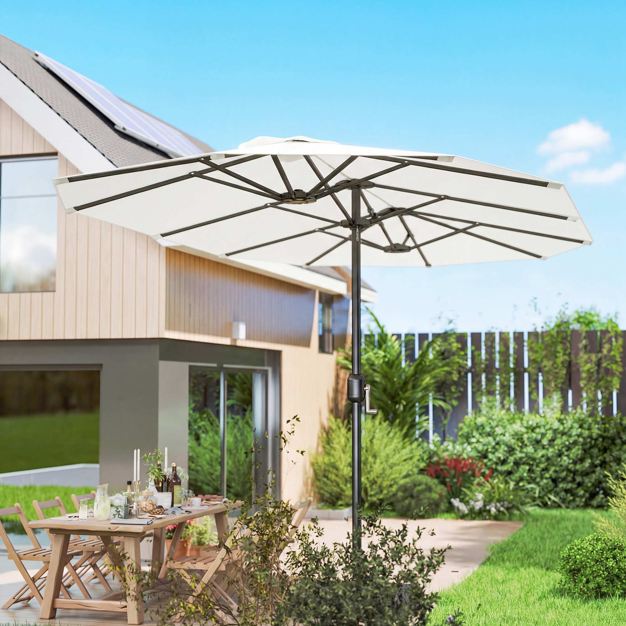 Outsunny Sombrilla Doble 4,6x2,6 m, Sombrilla Terraza Exterior con Manivela Manual, Protección UV50+, Funda Protectora, Resistente al Agua, Parasol para Jardín, Terraza, Patio, Blanco
