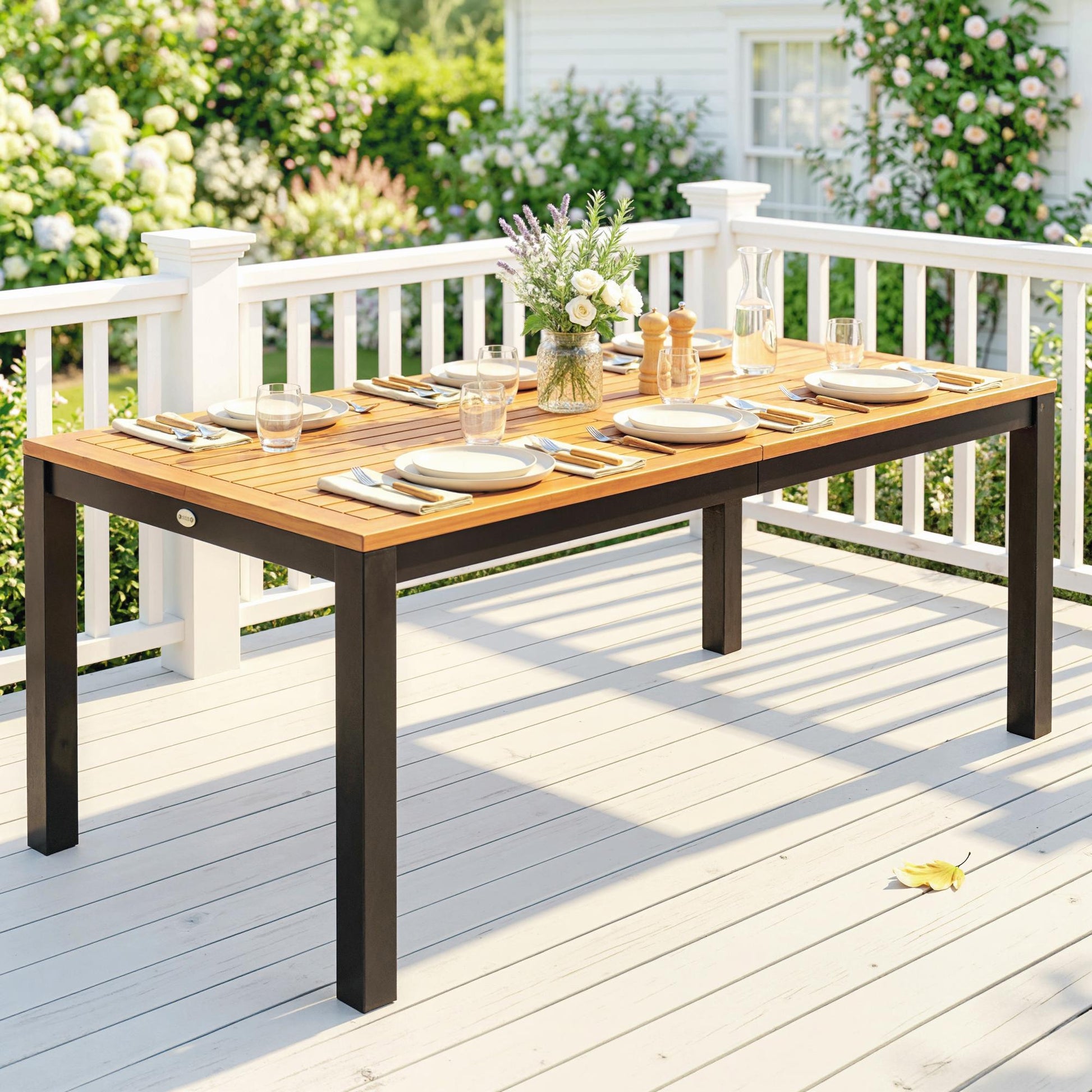 Outsunny Mesa de Comedor de Jardín de Madera de Acacia, Mesa de Terraza Exterior Rectangular 150x75x75 cm con Tablero de Listones, Orificio Sombrilla para 6 Personas, Carga 80 kg, para Patio, Natural