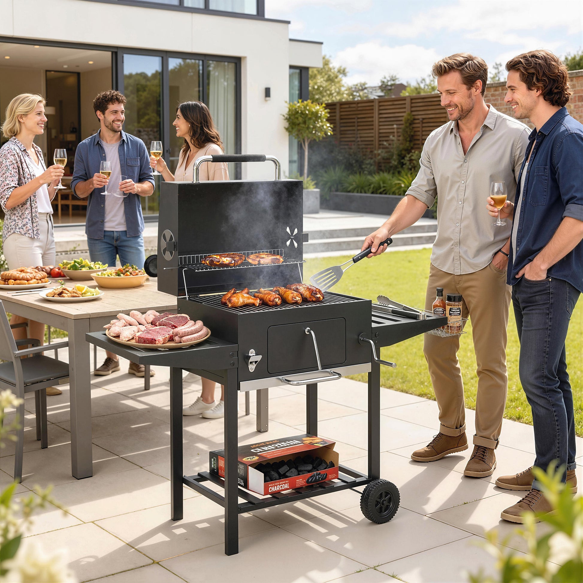 Outsunny Barbacoa de Carbón Portátil, Barbacoa de Carbón Móvil con Bandeja Ajustable, Estantes Plegables, Termómetro, Tapa, Chimenea, Ventilaciones, Cajón de Cenizas, Ruedas, Cesta Lateral, Asa, Negro
