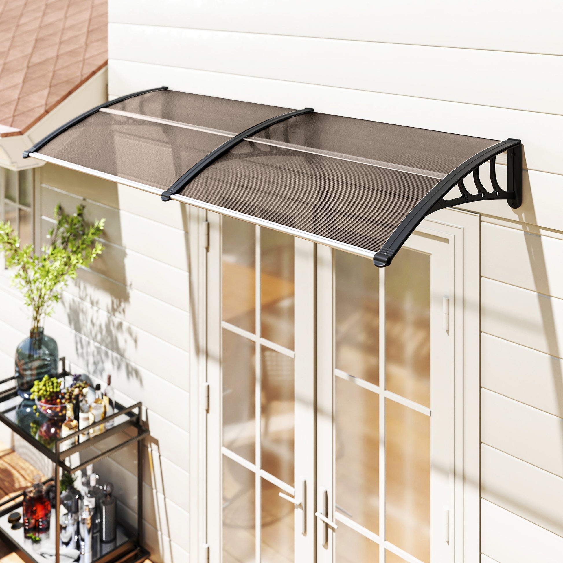 Outsunny Marquesinas Exterior para Puertas y Ventanas, 195x75 cm, Tejadillo de Protección contra Sol y Lluvia, con Cubierta de Policarbonato, Soporte de Aleación de Aluminio, Marrón