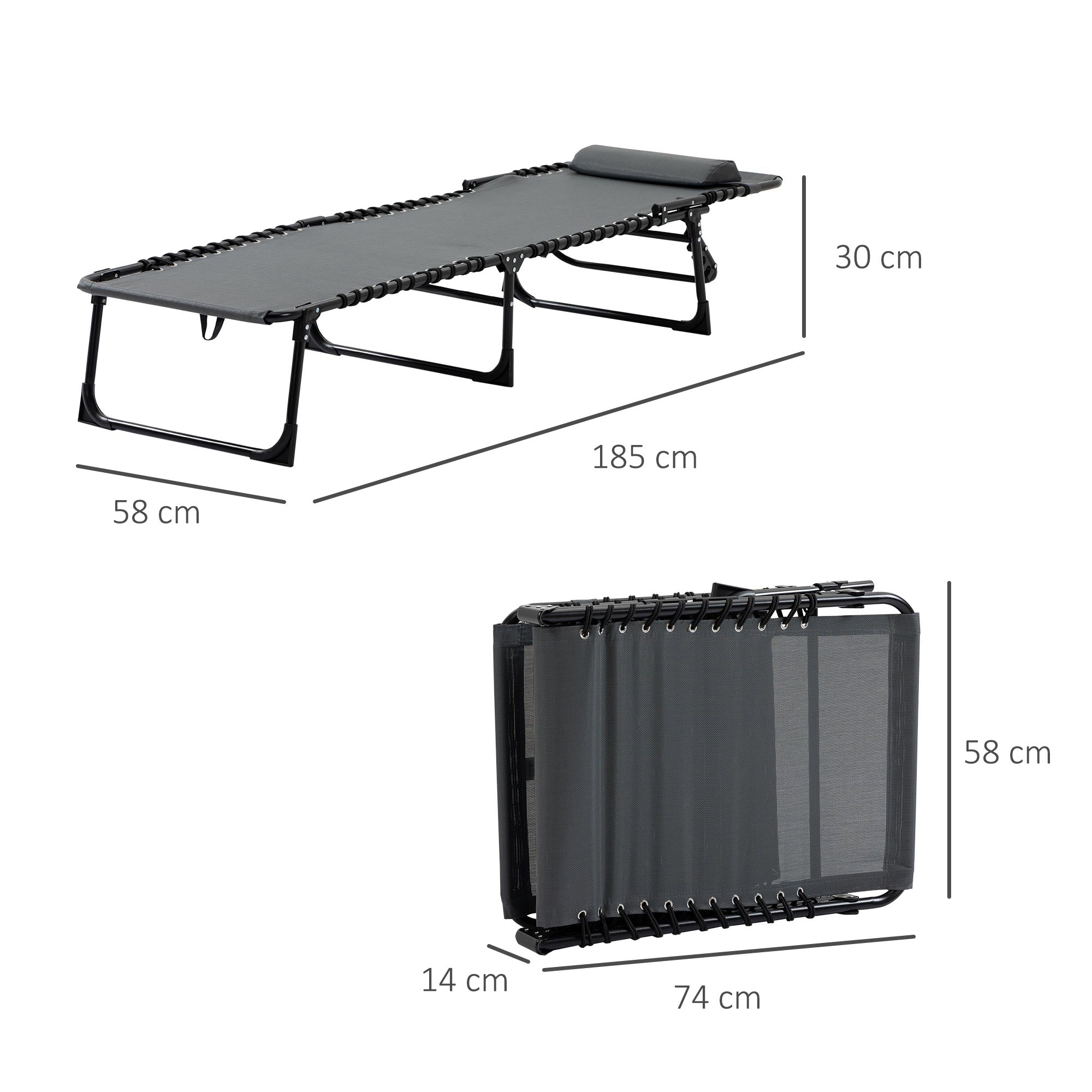 Outsunny Tumbona Plegable Tumbona Jardín Exterior con Respaldo Ajustable Reposacabezas Acolchado Bolsillo Lateral y Estructura de Acero 185x58x30 cm Gris