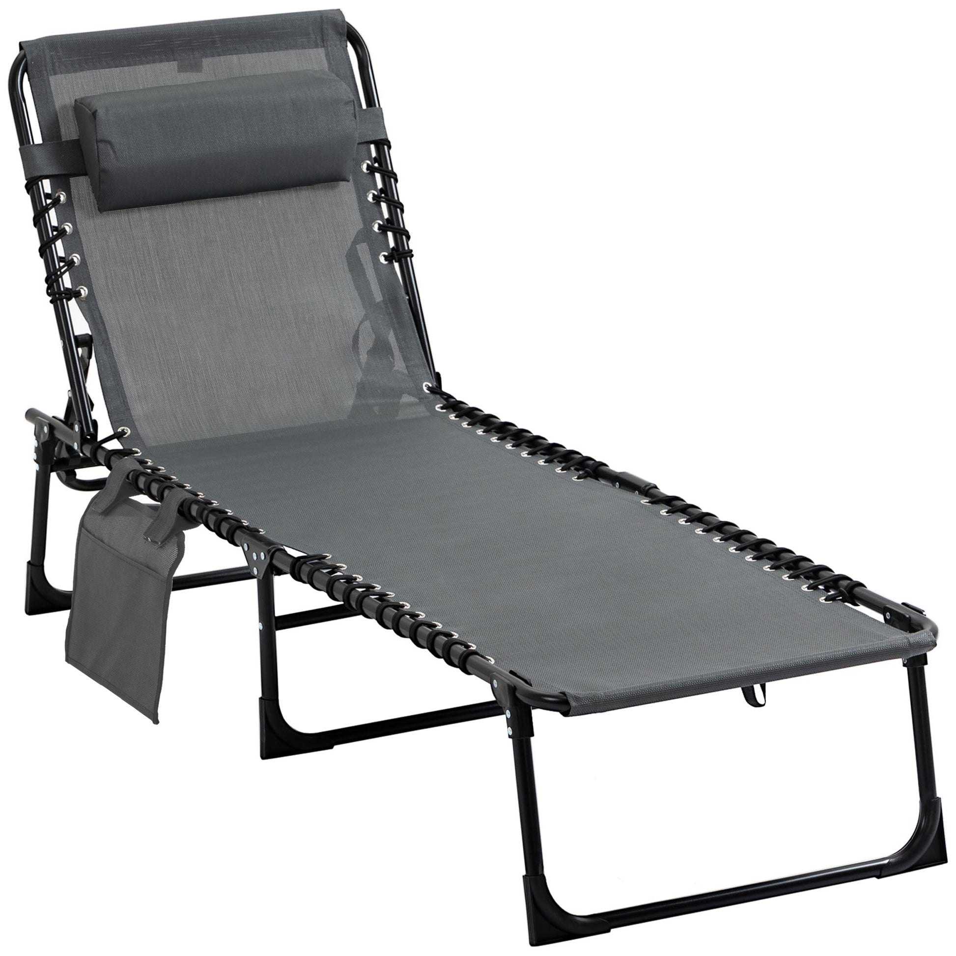 Outsunny Tumbona Plegable Tumbona Jardín Exterior con Respaldo Ajustable Reposacabezas Acolchado Bolsillo Lateral y Estructura de Acero 185x58x30 cm Gris