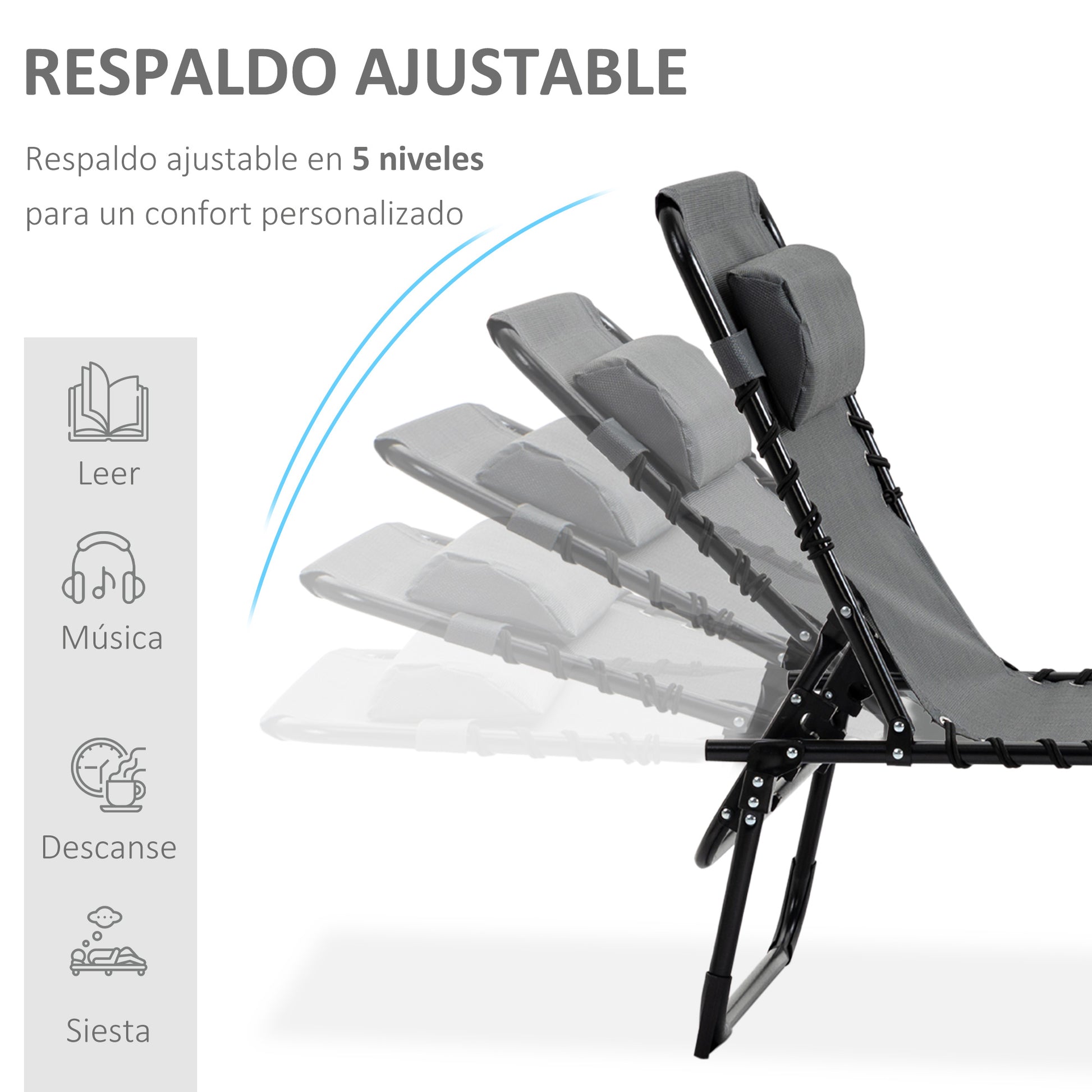 Outsunny Tumbona Plegable Tumbona Jardín Exterior con Respaldo Ajustable Reposacabezas Acolchado Bolsillo Lateral y Estructura de Acero 185x58x30 cm Gris