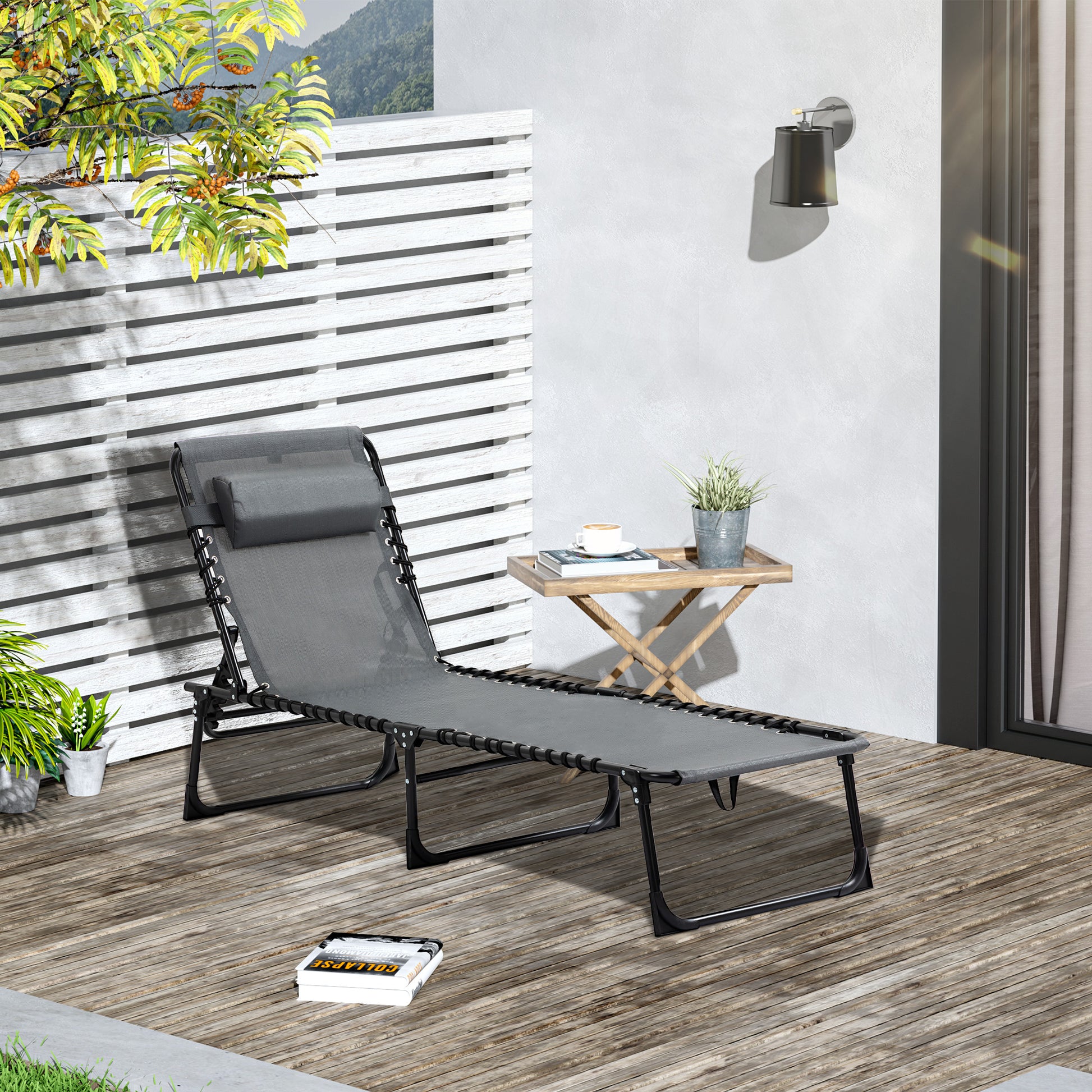 Outsunny Tumbona Plegable Tumbona Jardín Exterior con Respaldo Ajustable Reposacabezas Acolchado Bolsillo Lateral y Estructura de Acero 185x58x30 cm Gris
