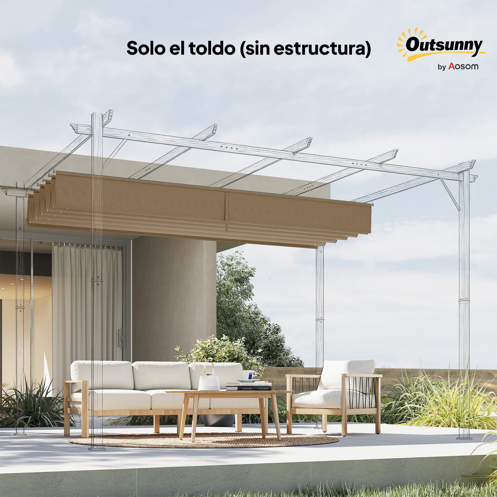 Outsunny Techo de Pérgola 2,5x2,55 m, Techo de Repuesto Retráctil para Marco de Pérgola de 3x3 m, UV30+, Toldo de Tela Solo para Cenador Jardín con 10 Orificios de Drenaje, Pardo