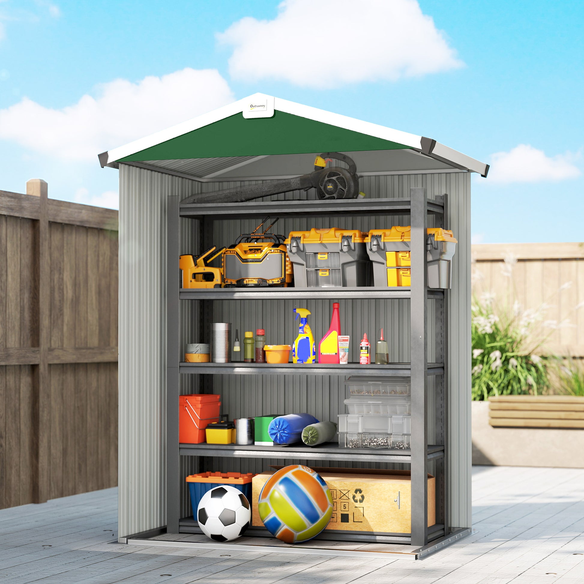 Outsunny Caseta de Jardín Exterior 1,1 m², 133x87x178 cm, Cobertizo de Jardín Exterior Metálico con Puertas Correderas, Techo Inclinado y Guantes, para Almacenaje de Herramientas Bicicletas, Verde