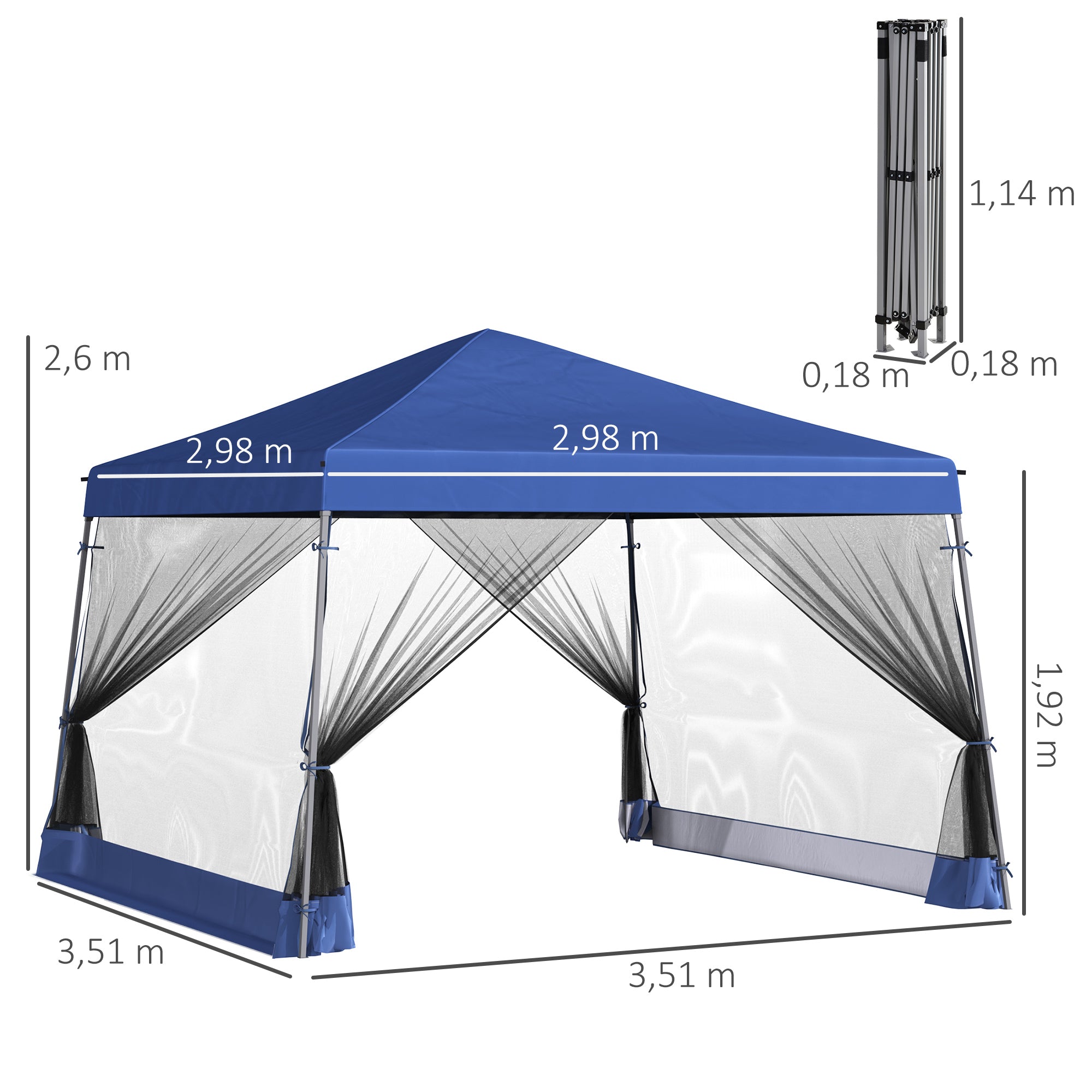 Outsunny Carpas para Exterior Plegable 3x3x2,6 m Cenador para Exterior Gazebo con Mosquitera Altura Ajustable en 3 Niveles Impermeable para Jardín Camping Azul