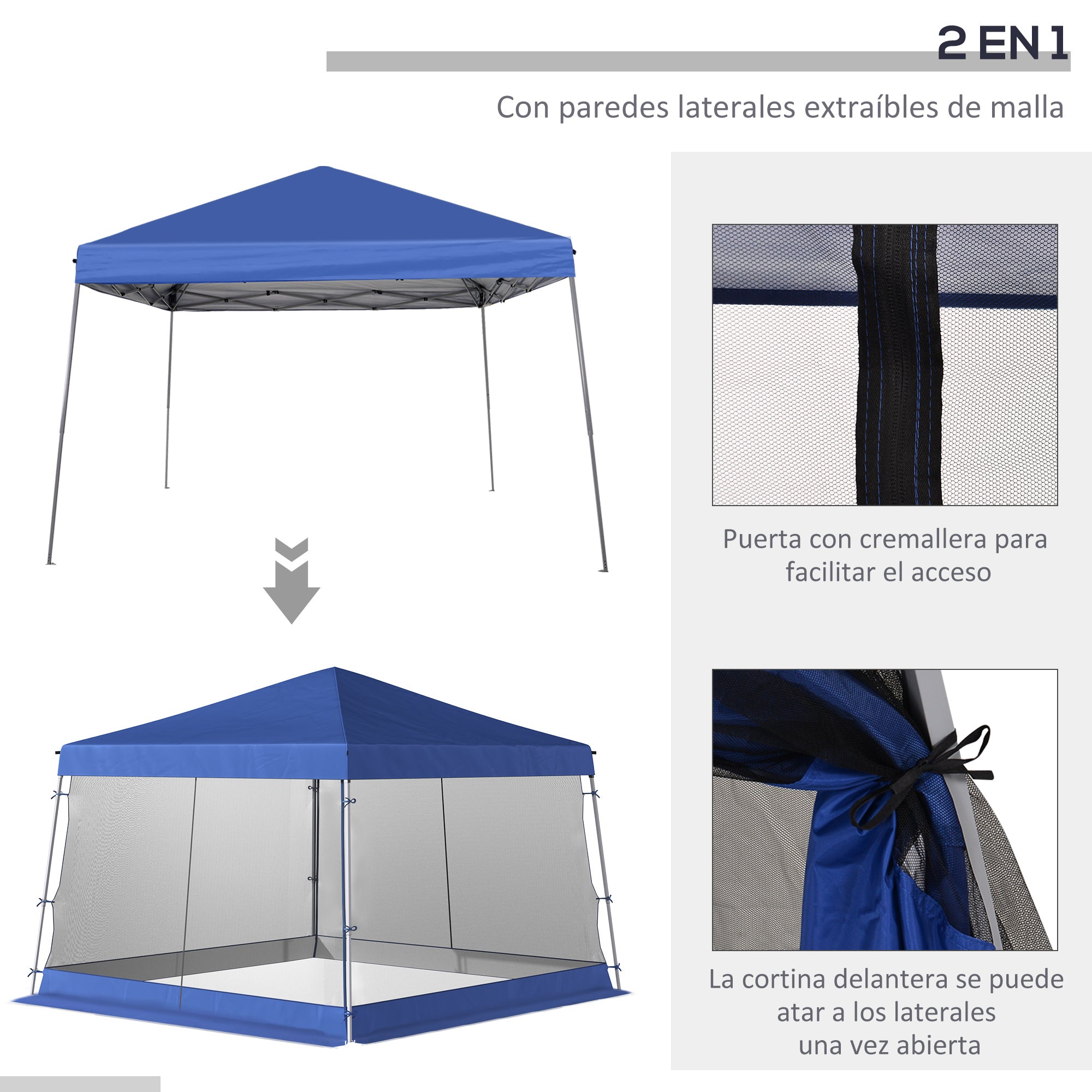 Outsunny Carpas para Exterior Plegable 3x3x2,6 m Cenador para Exterior Gazebo con Mosquitera Altura Ajustable en 3 Niveles Impermeable para Jardín Camping Azul