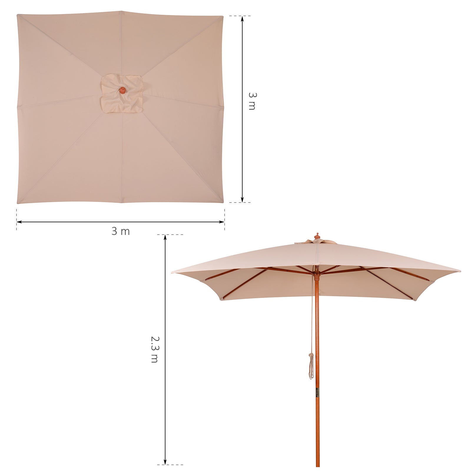 Outsunny Parasol para Jardín Patio Sombrilla Cuadrada de Ángulo Ajustable Ventilación Diseño Moderno con 8 Varillas de Bambú Madera Tela Poliéster 3x3m Beige