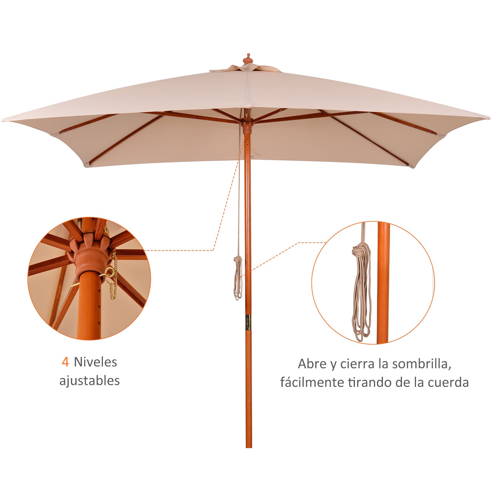 Outsunny Parasol para Jardín Patio Sombrilla Cuadrada de Ángulo Ajustable Ventilación Diseño Moderno con 8 Varillas de Bambú Madera Tela Poliéster 3x3m Beige