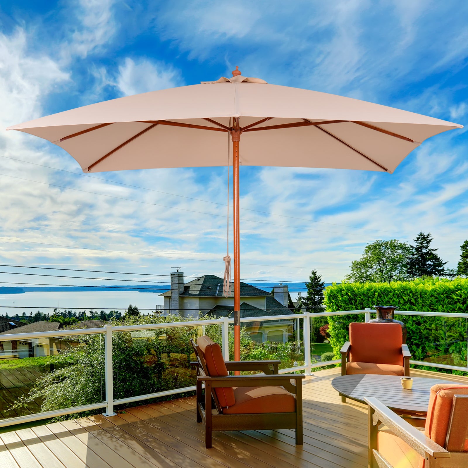 Outsunny Parasol para Jardín Patio Sombrilla Cuadrada de Ángulo Ajustable Ventilación Diseño Moderno con 8 Varillas de Bambú Madera Tela Poliéster 3x3m Beige