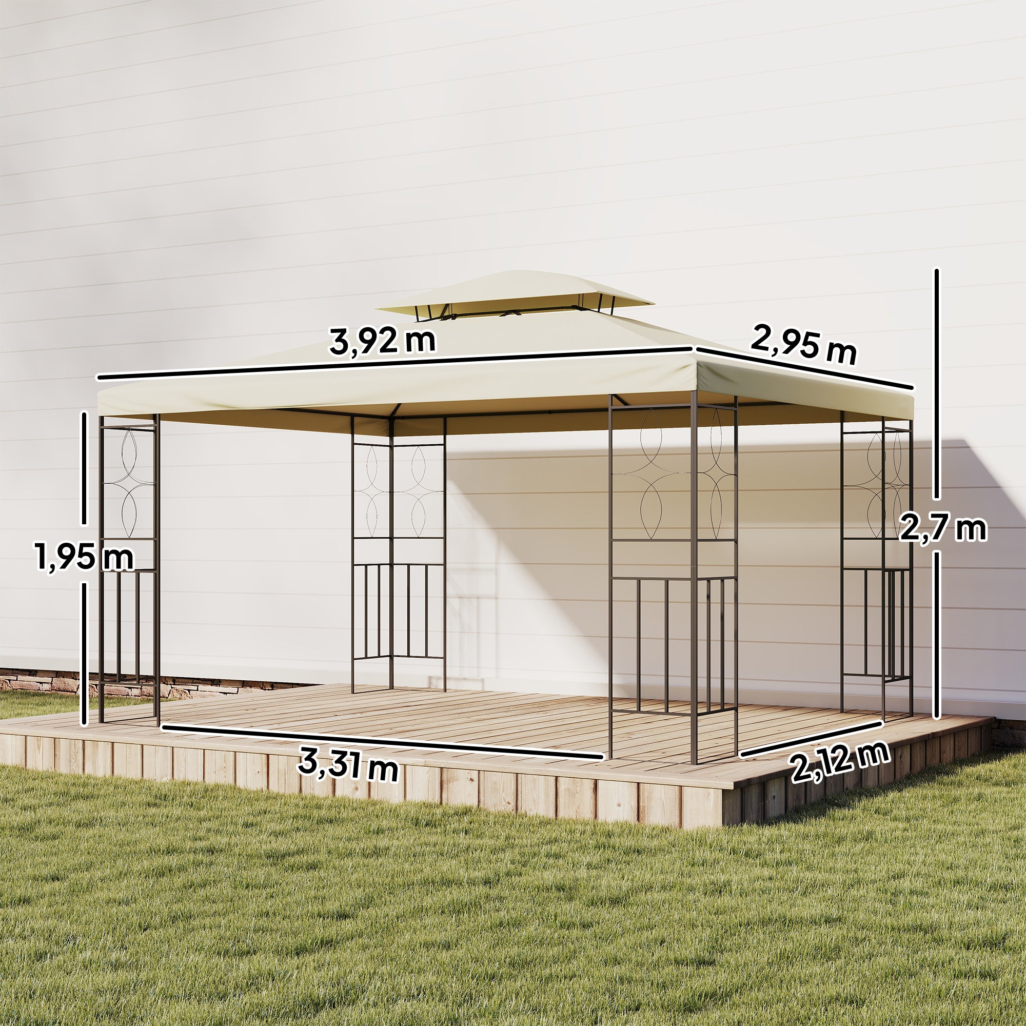 Outsunny Cenador de Jardín 4x3 m, Pabellón de Jardín Gazebo con Doble Techo, Marco de Acero, 8 Orificios de Drenaje, UPF30+, Carpa para Exterior, Terraza, Patio, Fiestas, Blanco Crema