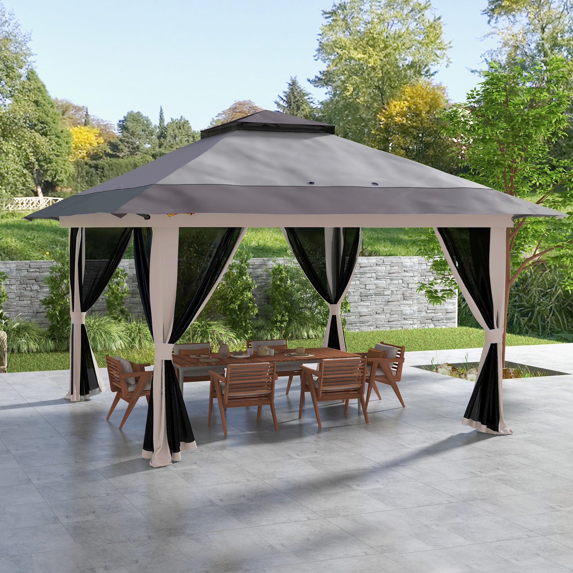 Outsunny Carpa Plegable Pop-up 4x4x2,8 m Cenador de Jardín con Paredes Altura Ajustable Anti-UV Impermeable Doble Techo Mosquiteras y Bolsa de Ruedas Gazebo para Exterior Fiestas Camping Gris Claro